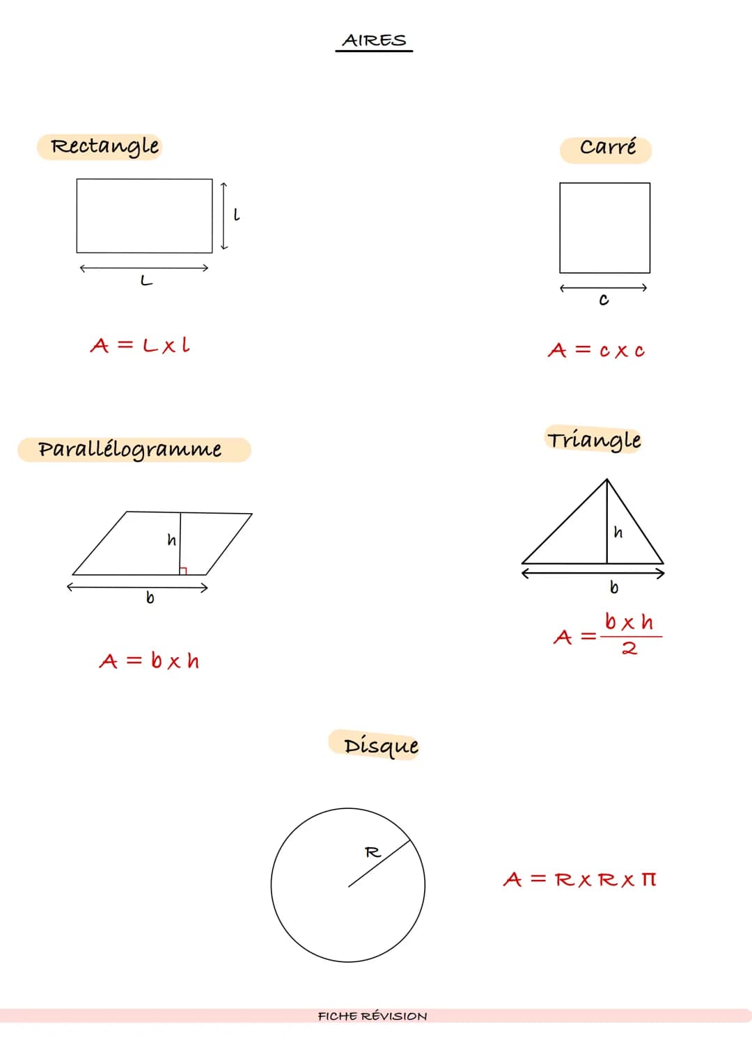 Rectangle
A = L XL
Parallelogramme
4
A=bxh
L
AIRES
Disque
R
FICHE RÉVISION
carré
C
A = CXC
Triangle
A =
b
bxh
2
A = RX RX I