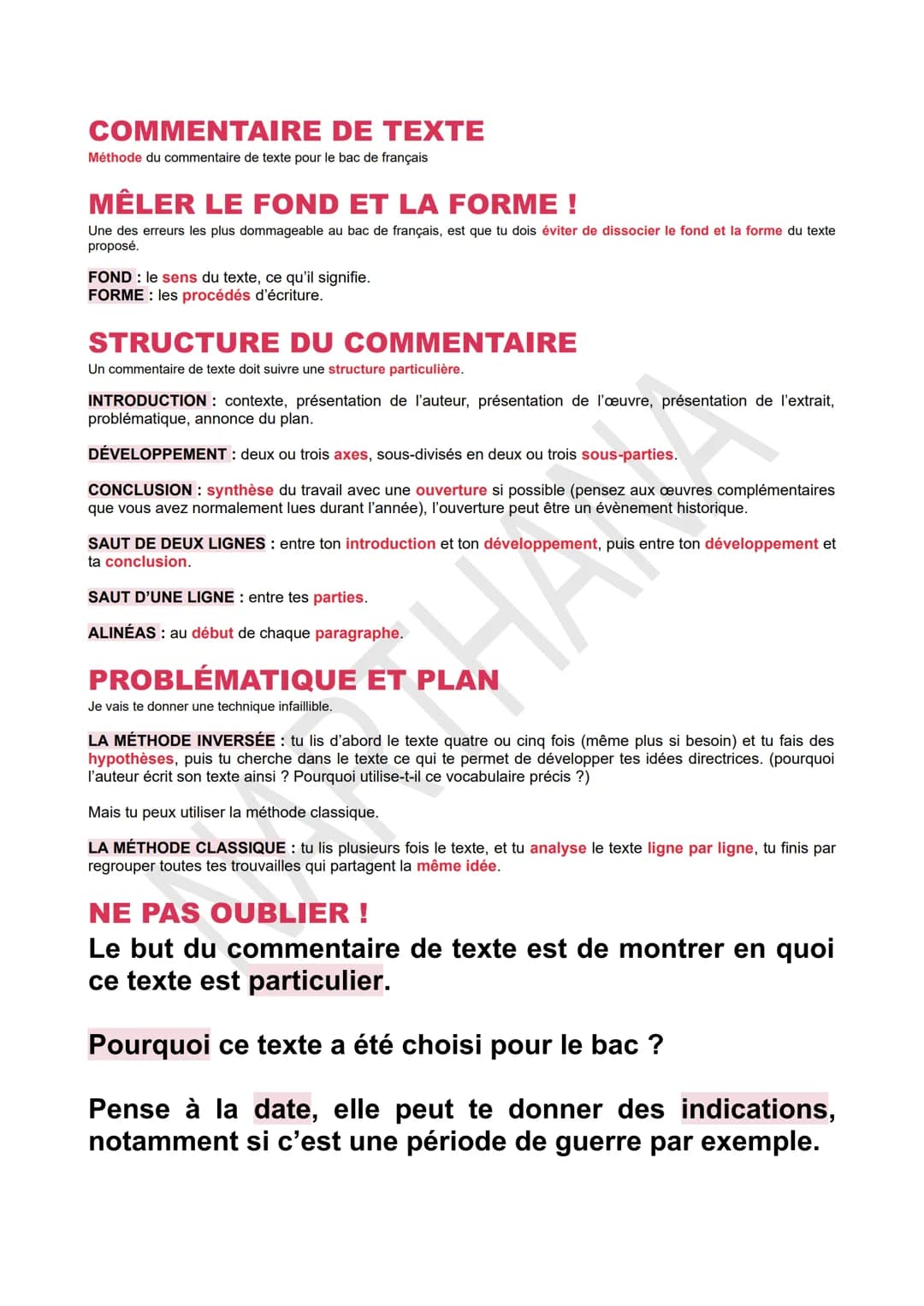 COMMENTAIRE DE TEXTE
Méthode du commentaire de texte pour le bac de français
MÊLER LE FOND ET LA FORME !
Une des erreurs les plus dommageabl