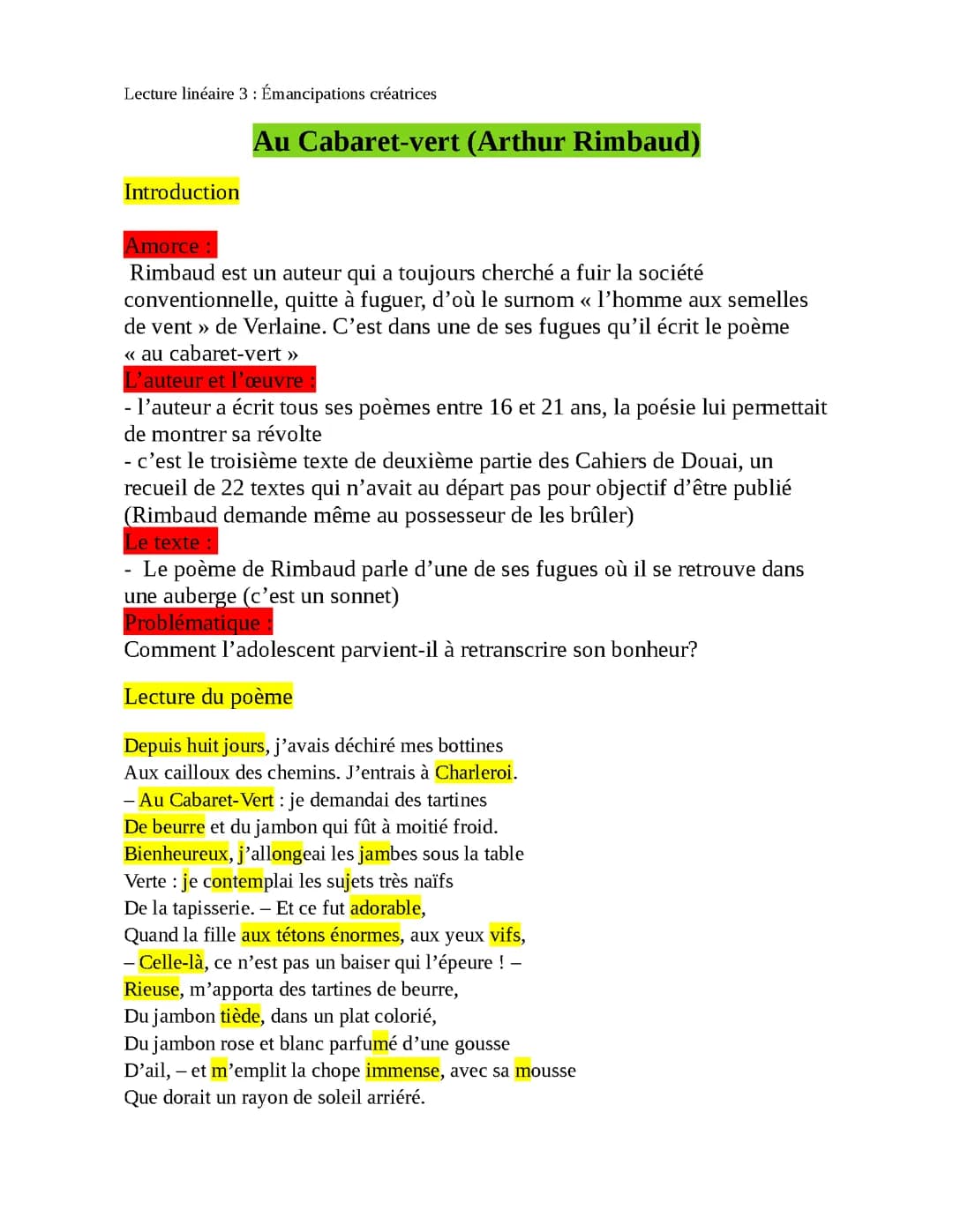 Lecture linéaire complète Au Cabaret-Vert