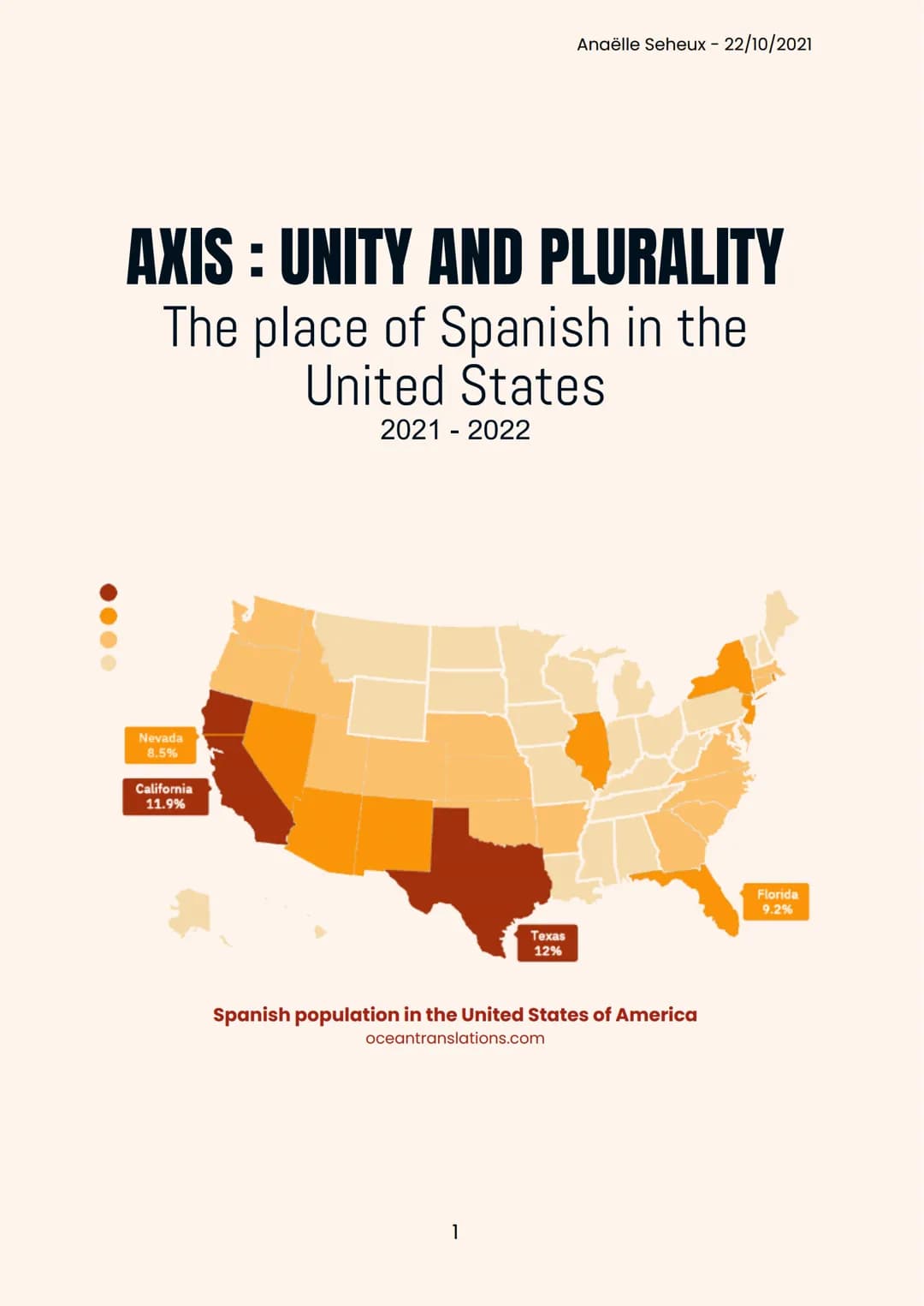 AXIS : UNITY AND PLURALITY
The place of Spanish in the
United States
2021 2022
Nevada
8.5%
California
11.9%
Anaëlle Seheux - 22/10/2021
Texa