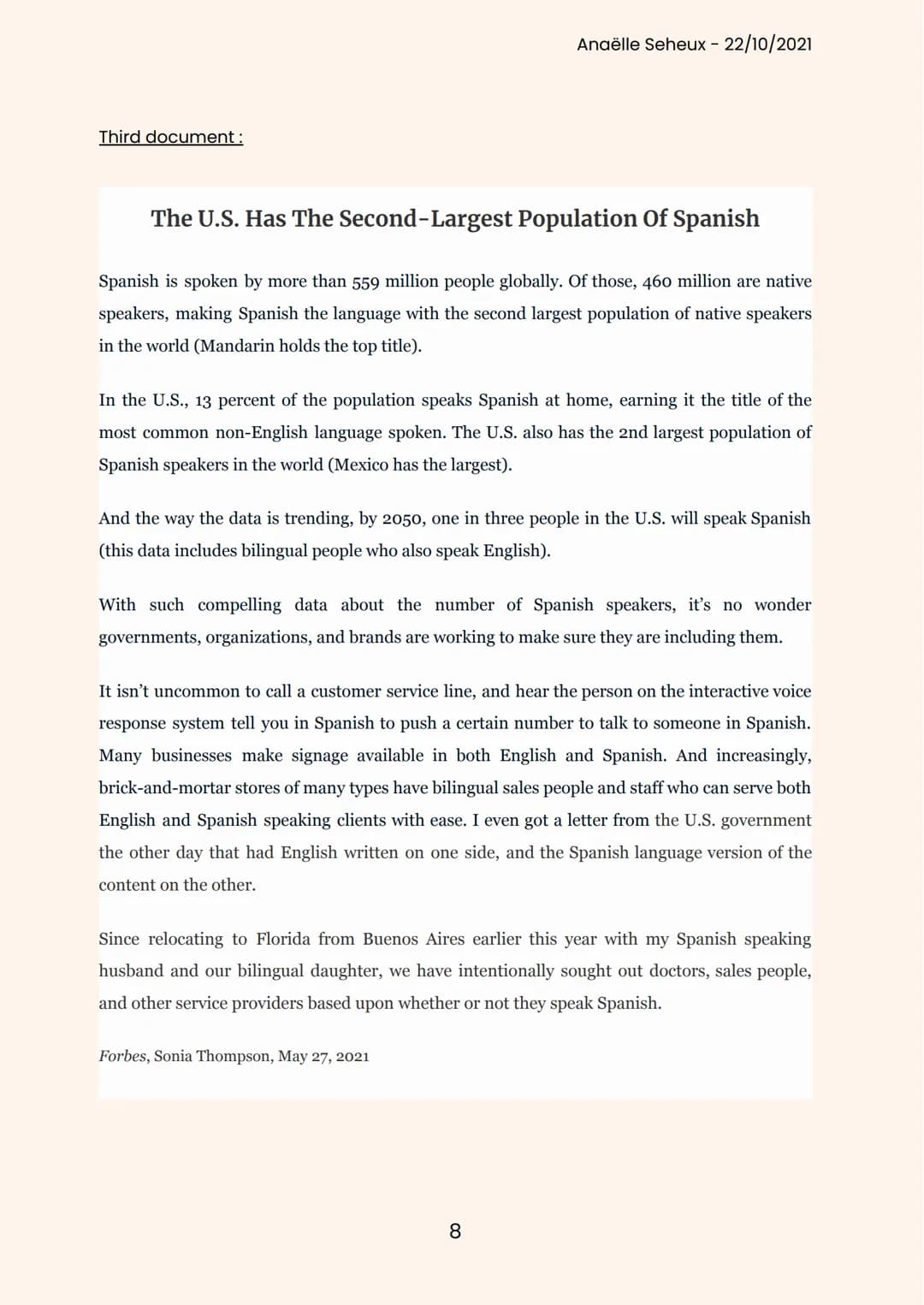 AXIS : UNITY AND PLURALITY
The place of Spanish in the
United States
2021 2022
Nevada
8.5%
California
11.9%
Anaëlle Seheux - 22/10/2021
Texa