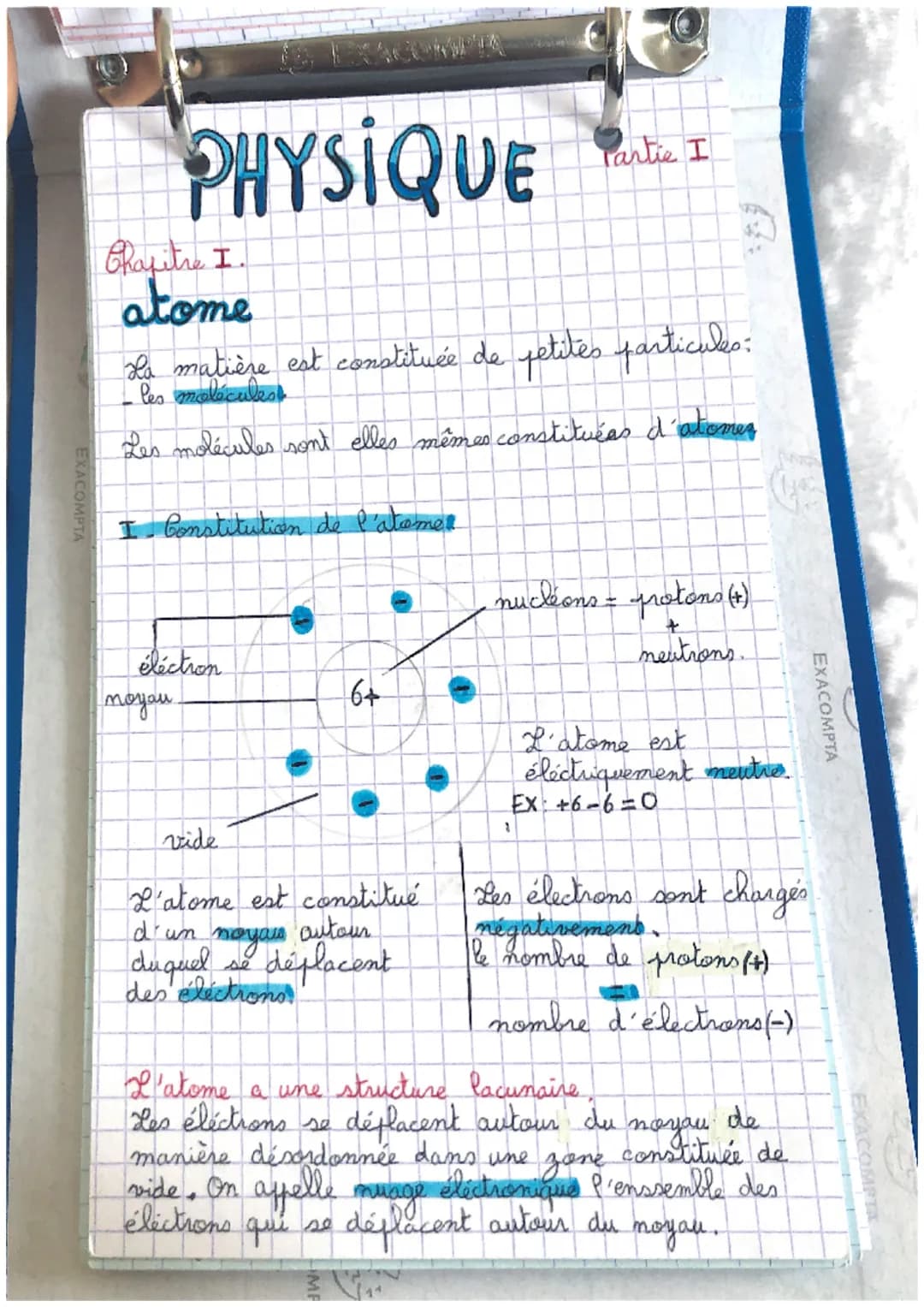 COMPTA
PHYSIQUE
Chapitre I.
atome
Ha matière est constituée de petites particules:
les molécules
Les molécules sont elles mêmes constituées 