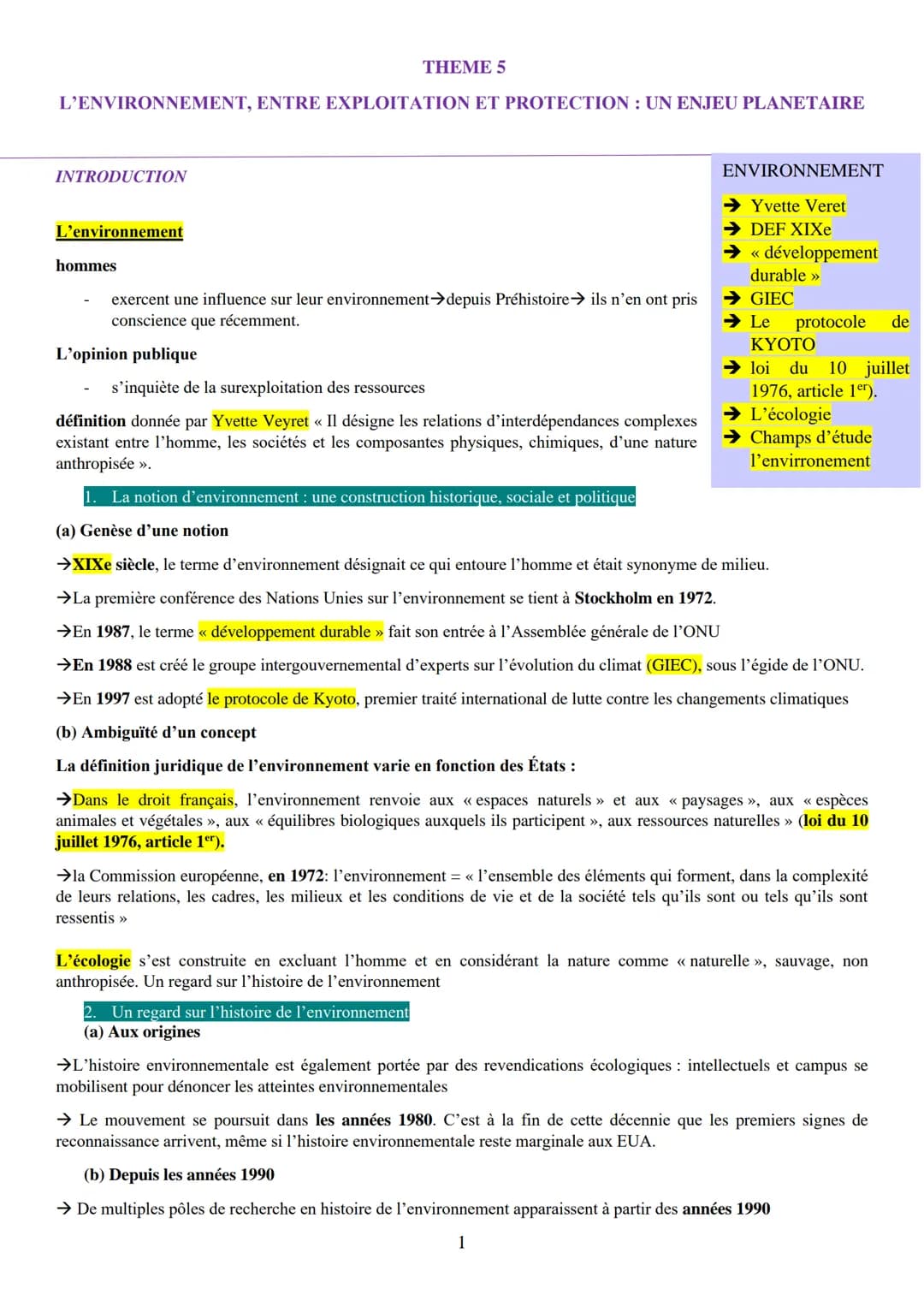 THEME 5
L'ENVIRONNEMENT, ENTRE EXPLOITATION ET PROTECTION : UN ENJEU PLANETAIRE
INTRODUCTION
L'environnement
hommes
exercent une influence s
