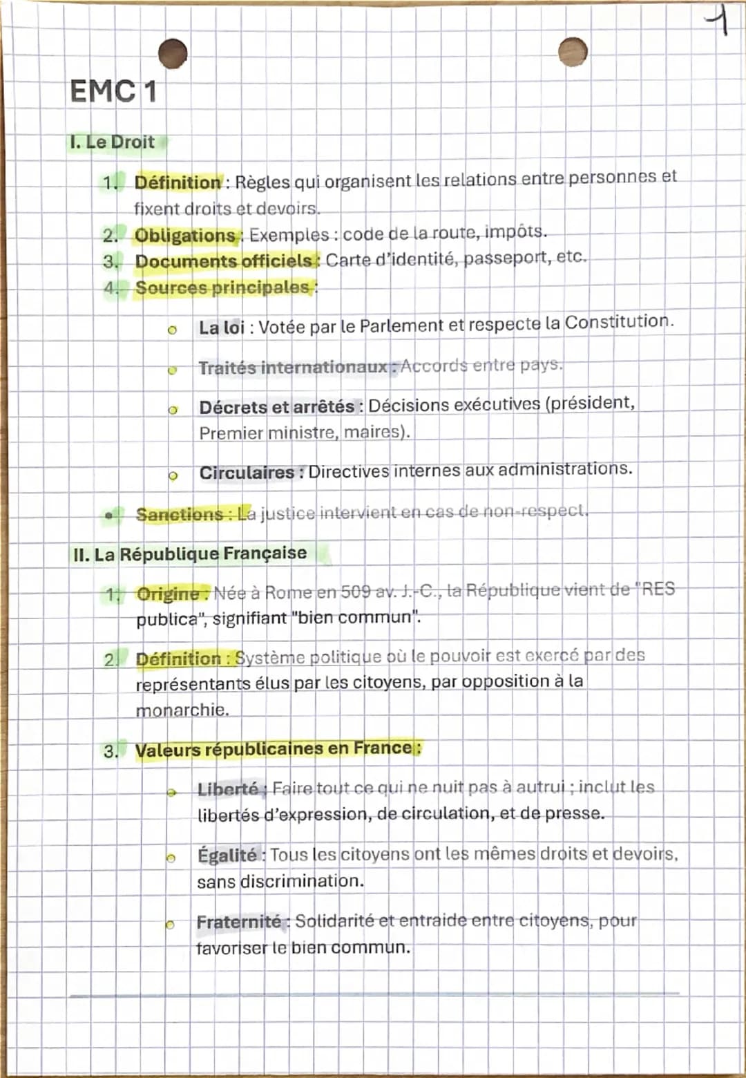 EMC 1
1. Le Droit
1. Définition: Règles qui organisent les relations entre personnes et
fixent droits et devoirs.
2. Obligations: Exemples: 