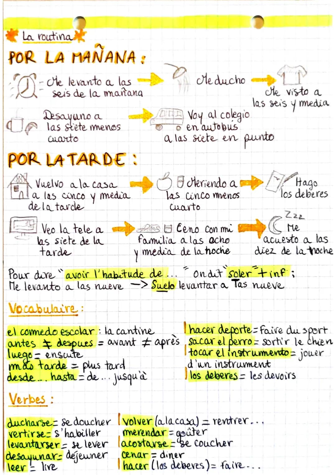 Las horas
menos cinco
menos diez 10
menos cuarto g
Espagnol
0
•Las horas y la routina"
12
11 Son las doce 1
Son las once
Son las diez
menos 