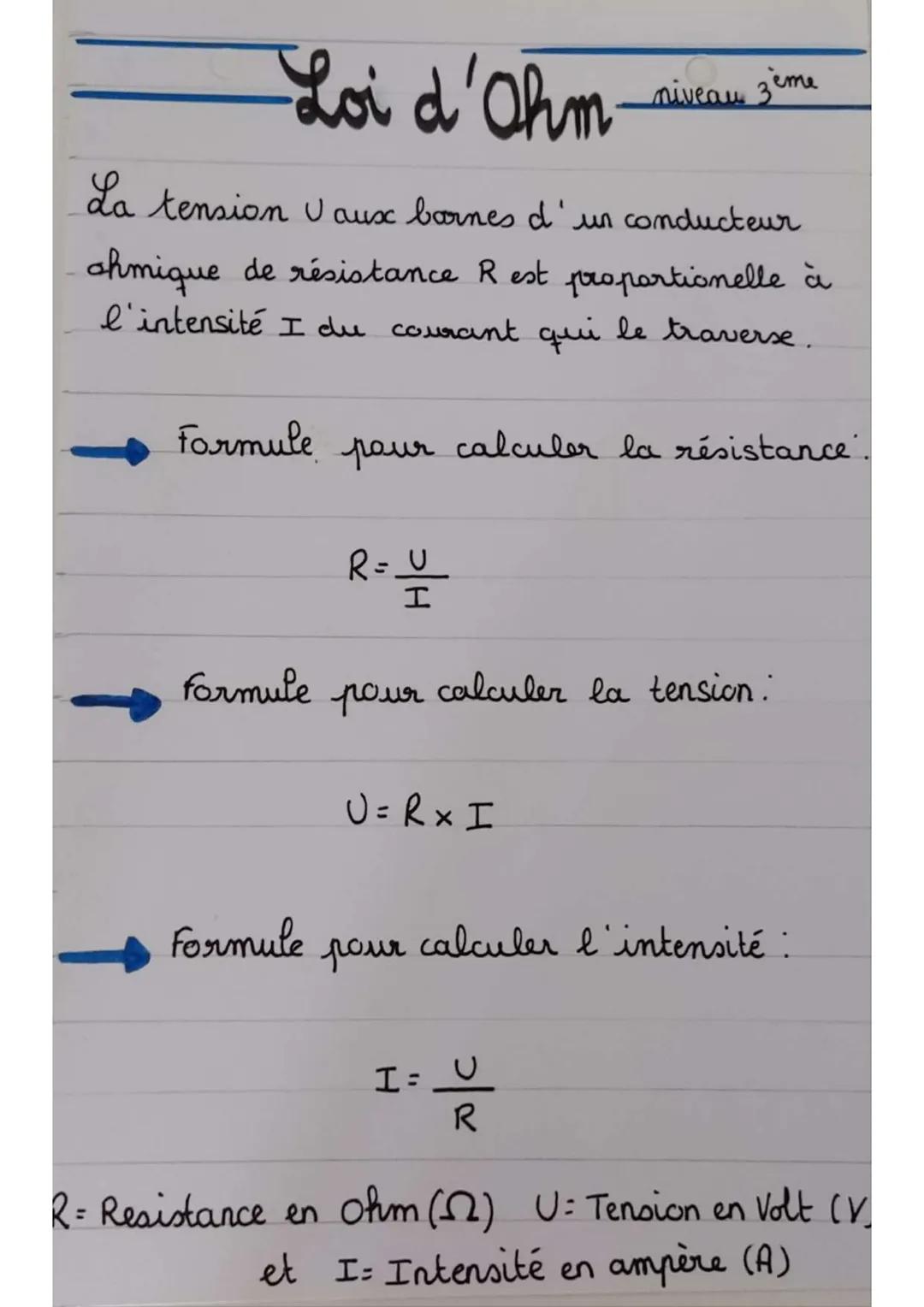 Loi d'Ohm.
La tension U aux bornes d'un conducteur
ohmique de résistance R est proportionelle à
l'intensité I du courant qui le traverse.
Fo
