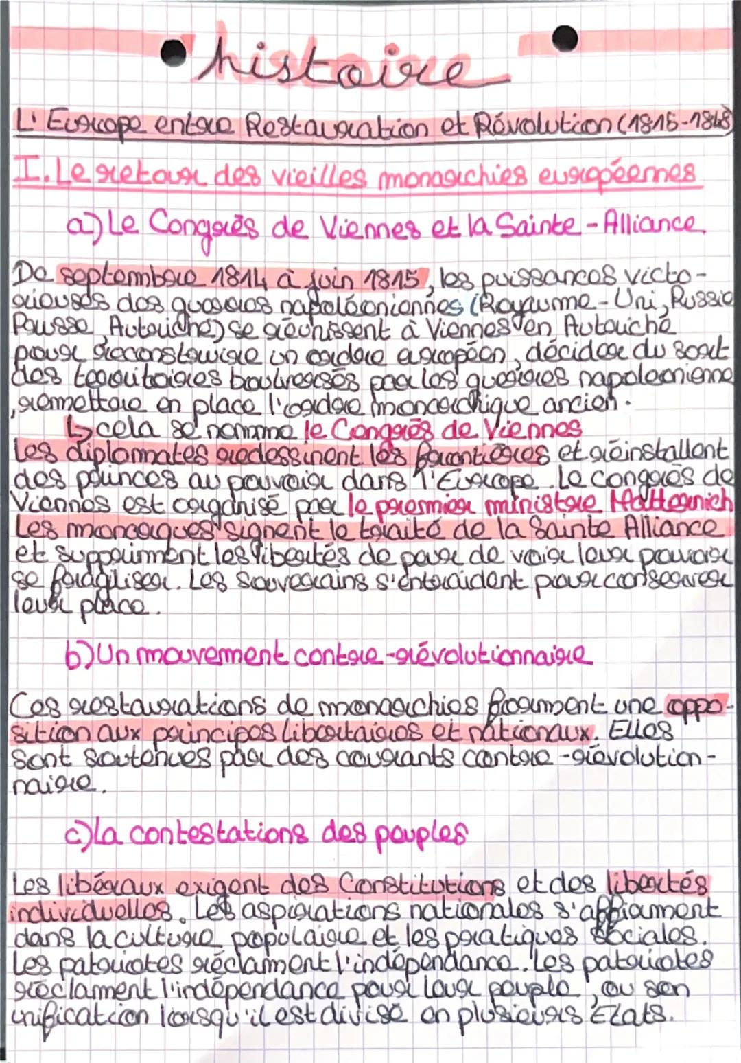 --- OCR Start ---
histoire
L'Europe entre Restauration et Révolution (1815-1848)
I. Le retour des vieilles monarchies européennes.
a) Le Con