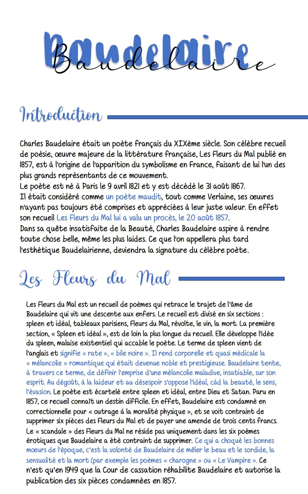 Baudelaire.
Introduction
Charles Baudelaire était un poète français du XIXème siècle. Son célèbre recueil
de poésie, œuvre majeure de la lit