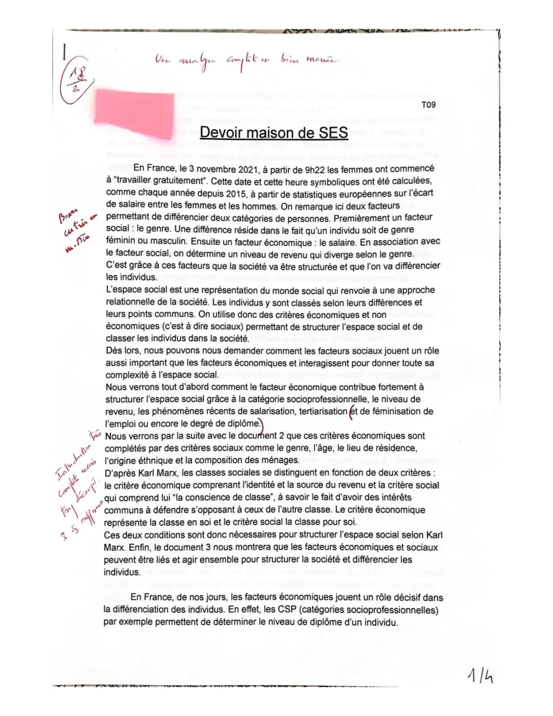 Devoir SES - Analyse des Facteurs Structurant l'Espace Social en Terminale