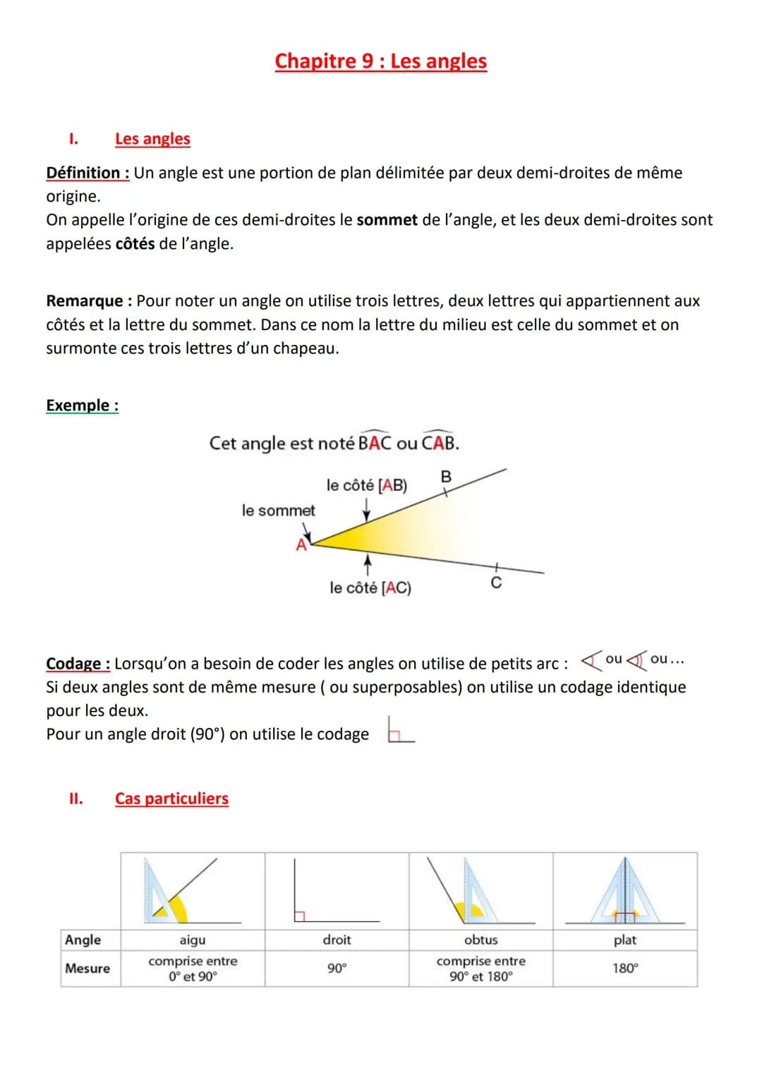 I.
Les angles
Définition: Un angle est une portion de plan délimitée par deux demi-droites de même
origine.
On appelle l'origine de ces demi