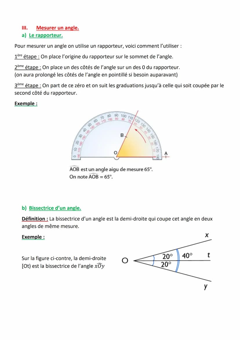 I.
Les angles
Définition: Un angle est une portion de plan délimitée par deux demi-droites de même
origine.
On appelle l'origine de ces demi
