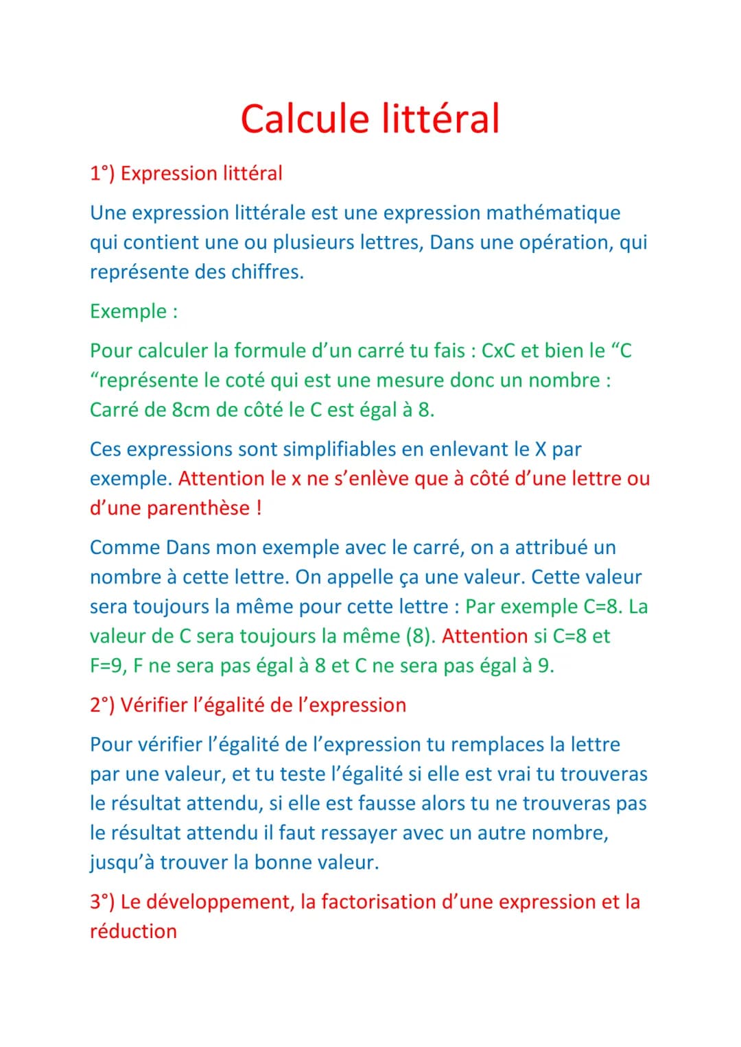 Calcule littéral
1°) Expression littéral
Une expression littérale est une expression mathématique
qui contient une ou plusieurs lettres, Dan
