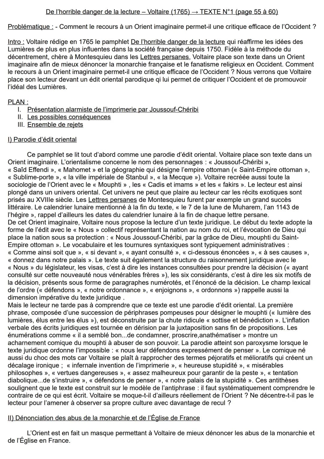 De l'horrible danger de la lecture - Voltaire (1765) → TEXTE N°1 (page 55 à 60)
Problématique : - Comment le recours à un Orient imaginaire 