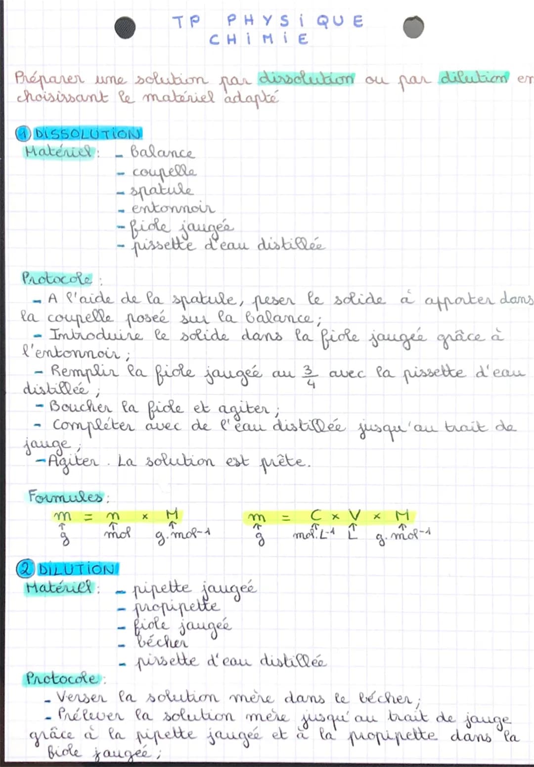 DISSOLUTION!
Matériel:
Préparer une solution
choisirsant le matériel adapté
par
1
distillée,
Formules:
m
↑
g
-
balance
coupelle
•spatule
ent