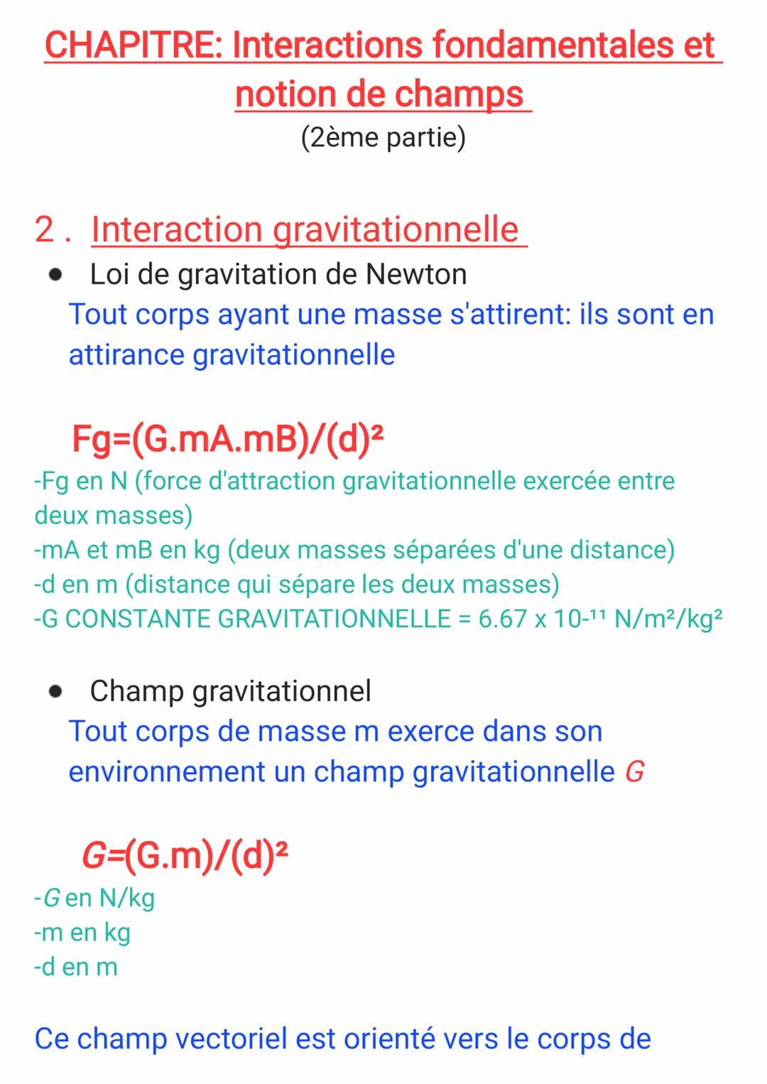 # CHAPITRE: Interactions fondamentales et
## notion de champs
(2ème partie)

2. Interaction gravitationnelle
*   Loi de gravitation de Newto