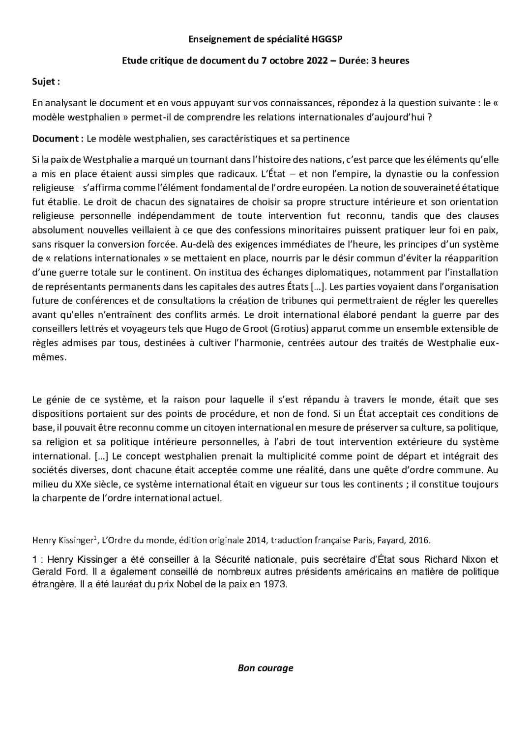 Annabac HGGSP : Comprendre le Système Westphalien et Faire la Guerre, Faire la Paix