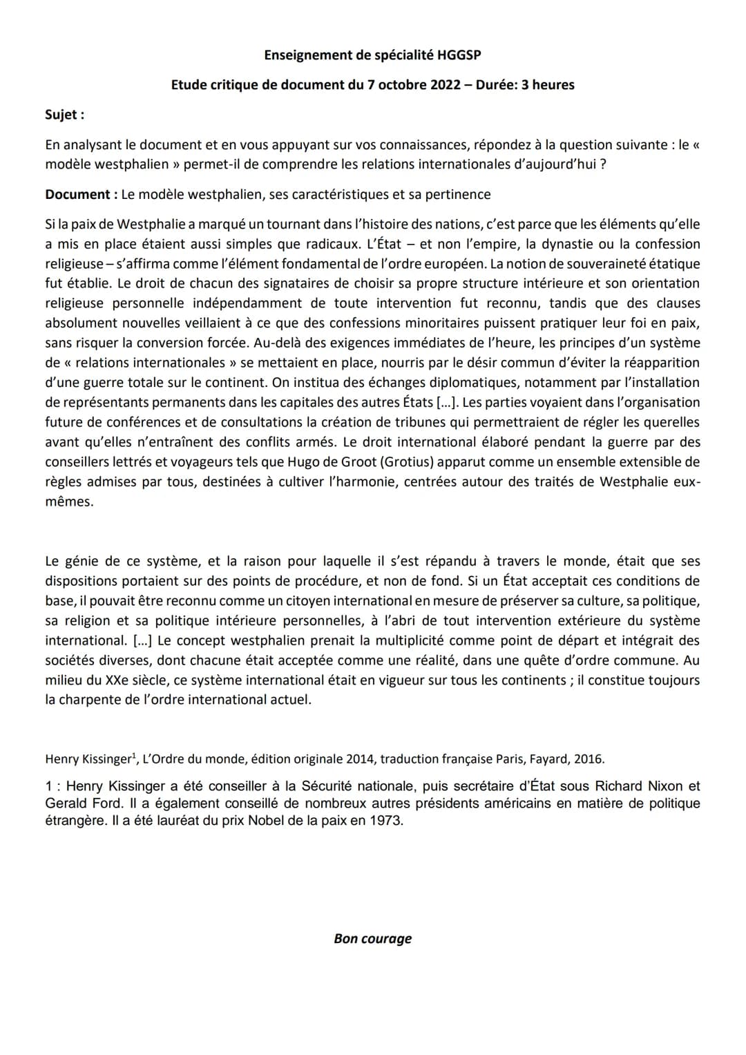 Enseignement de spécialité HGGSP
Etude critique de document du 7 octobre 2022 - Durée: 3 heures
Sujet :
En analysant le document et en vous 