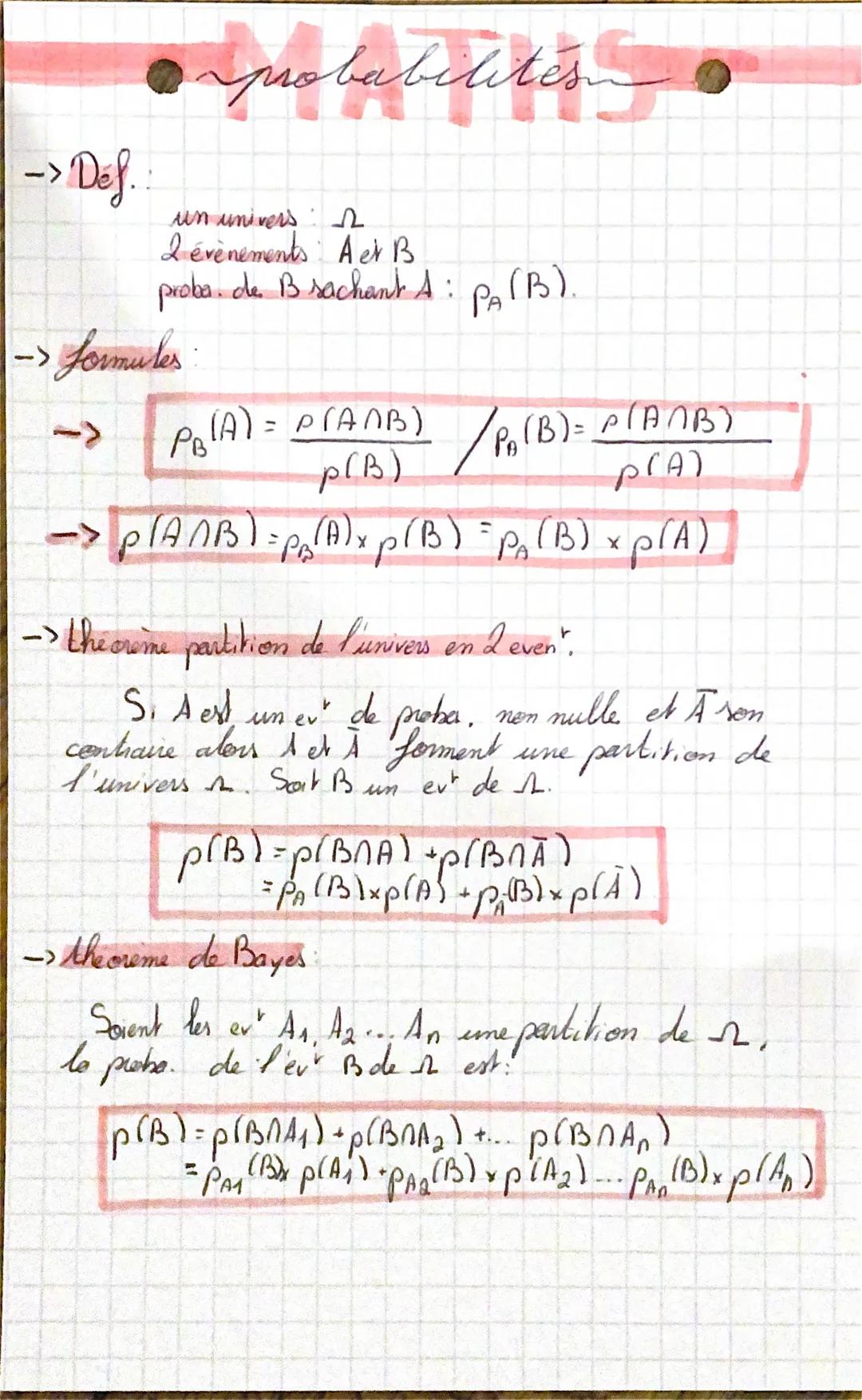 # probabilités.

-> Def.:

un univers 2
2 évènements Aer B
proba. de B sachant A: PA (B).

-> formules:

-> $P_B(A) = \frac{P(A\cap B)}{p(B)