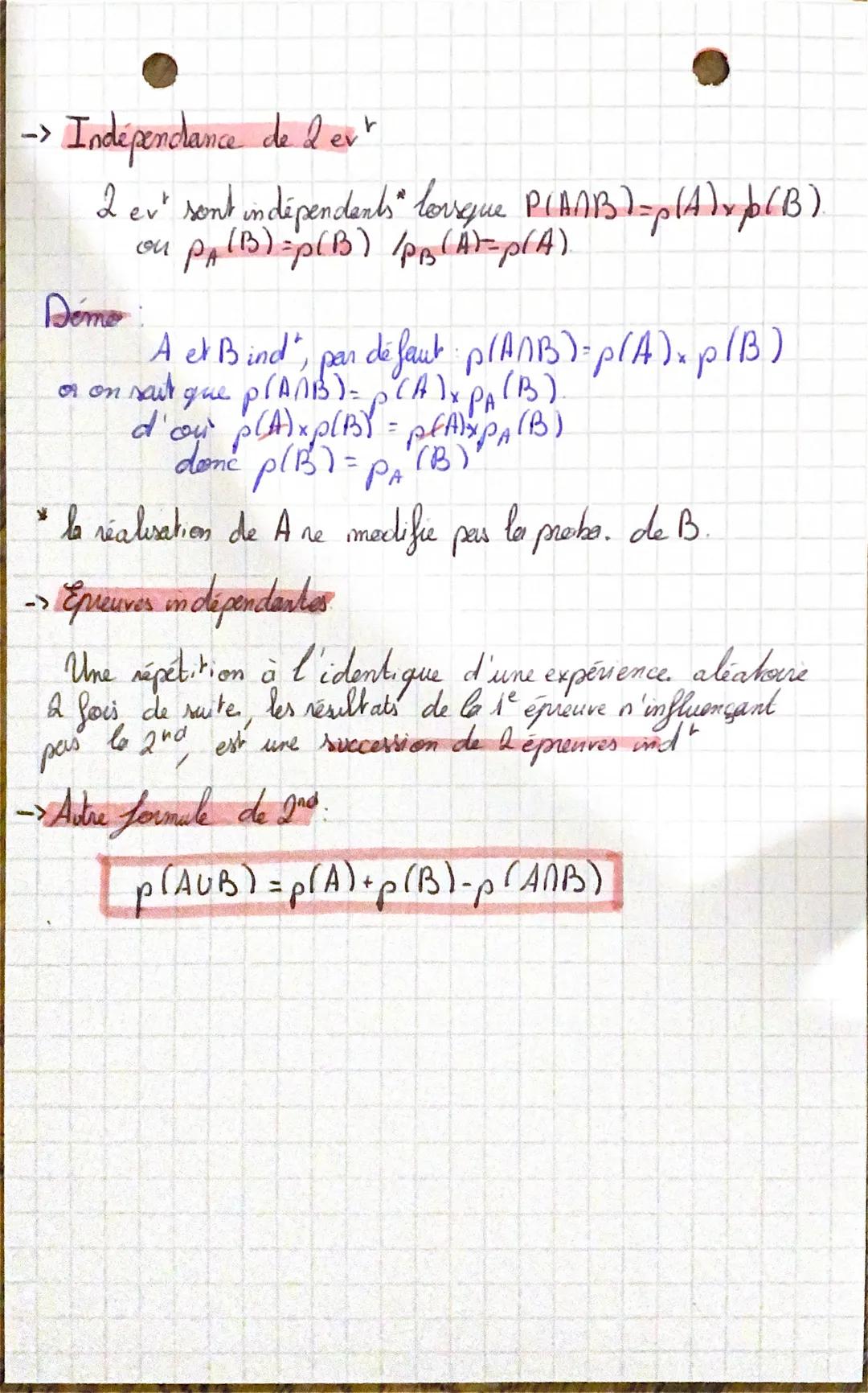 # probabilités.

-> Def.:

un univers 2
2 évènements Aer B
proba. de B sachant A: PA (B).

-> formules:

-> $P_B(A) = \frac{P(A\cap B)}{p(B)