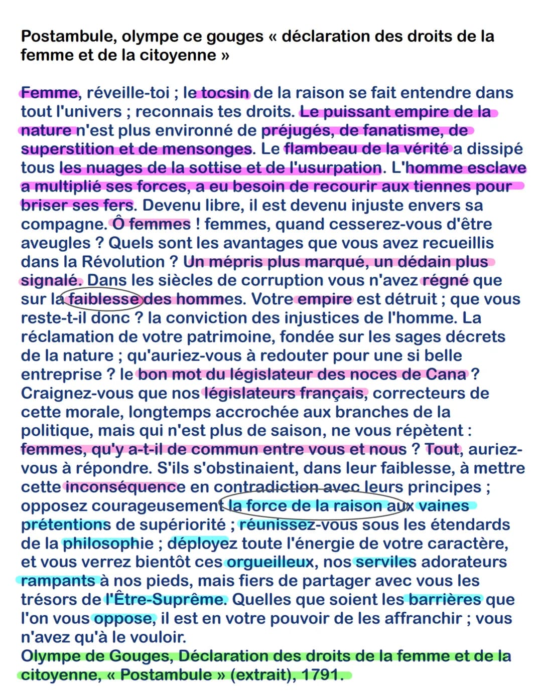 Postambule, olympe ce gouges « déclaration des droits de la
femme et de la citoyenne »
Femme, réveille-toi ; le tocsin de la raison se fait 
