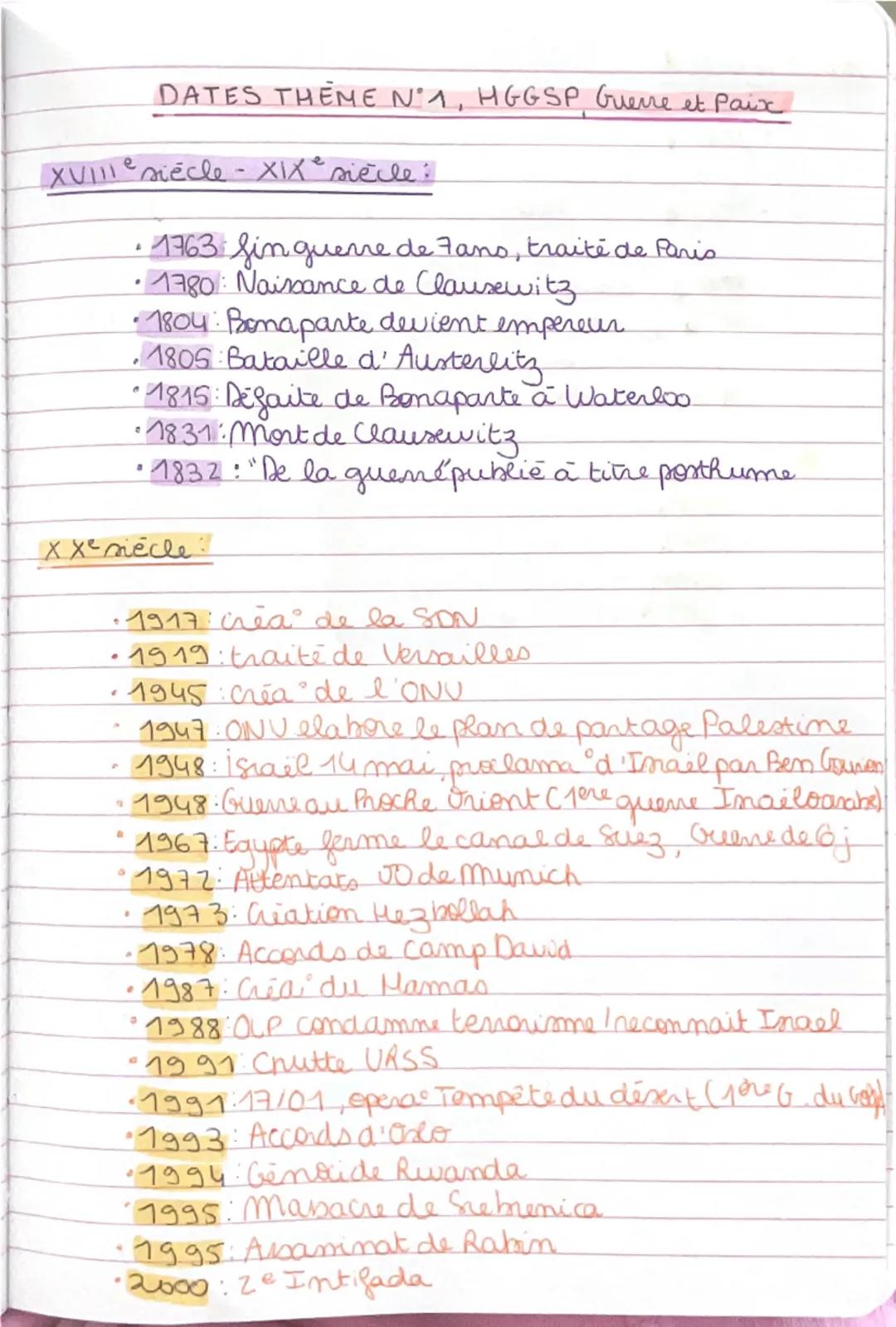 DATES THEME N°1, HGGSP Guerre et Paix
XVIIIe siècle - XIXe siècle:
• 1763 fin guerre de Fans, traité de Paris
• 1780: Naissance de Clausewit