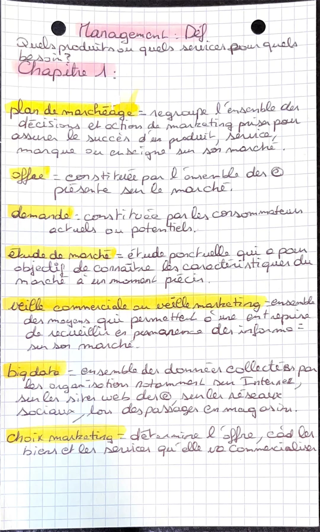 Management Def
Quels produits but quels services pour quels
besoin?
Chapitre 1:
plan de marcheage - regroupe l'ensemble der
decisions et act