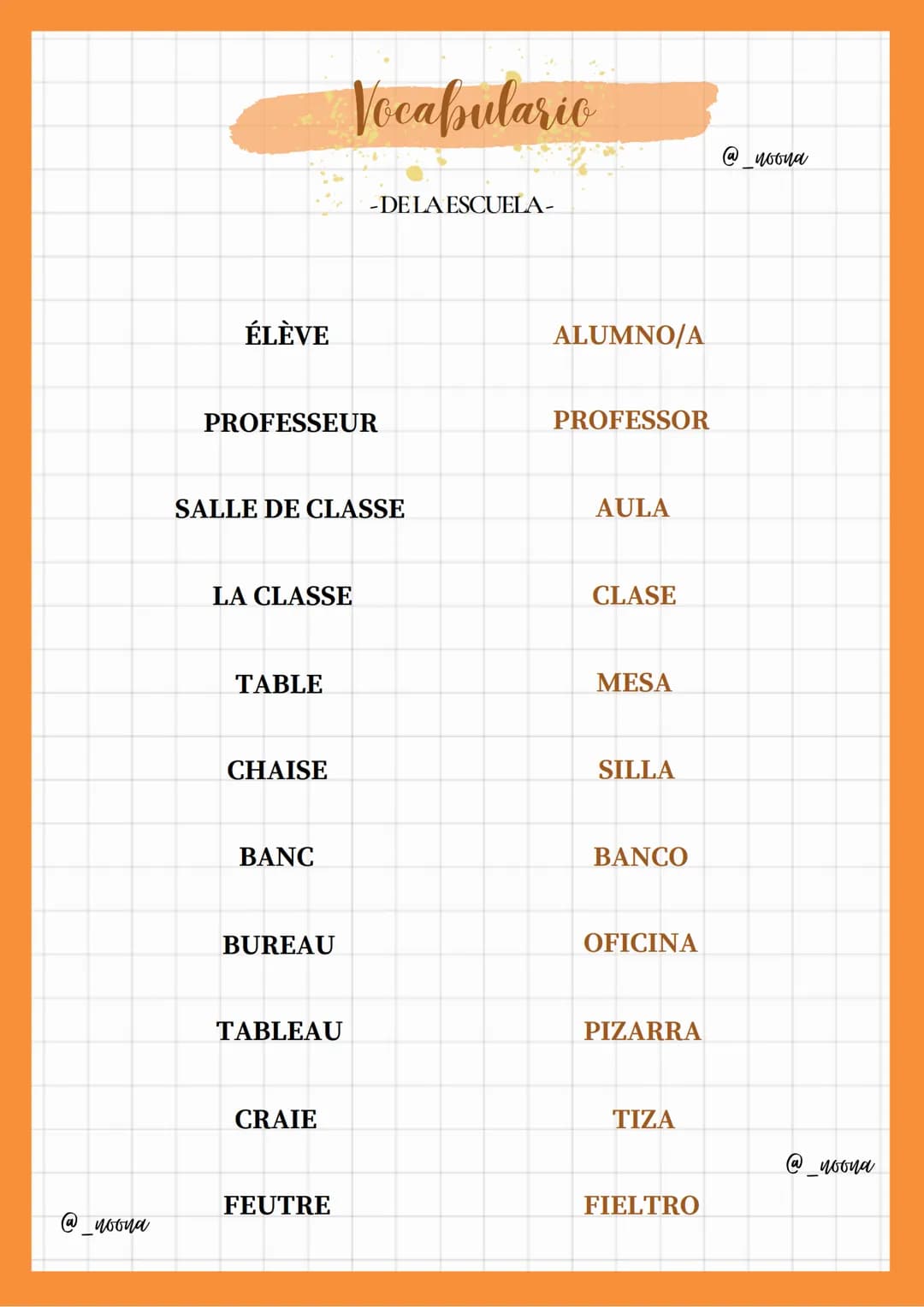 ÉLÈVE
Vocabulario
PROFESSEUR
-DE LA ESCUELA-
ALUMNO/A
PROFESSOR
SALLE DE CLASSE
AULA
LA CLASSE
TABLE
CLASE
MESA
CHAISE
SILLA
BANC
BANCO
BURE