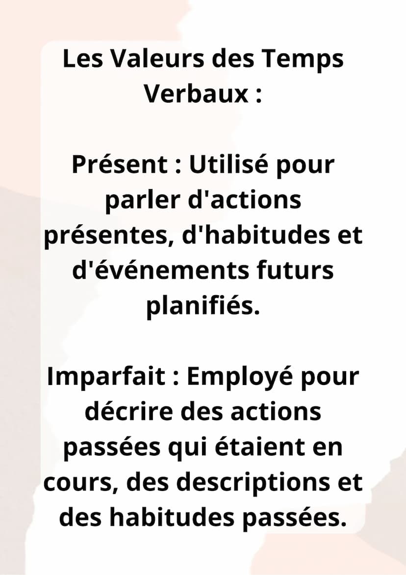 Les Valeurs
de Temps Les Valeurs des Temps
Verbaux :
Présent : Utilisé pour
parler d'actions
présentes, d'habitudes et
d'événements futurs
p