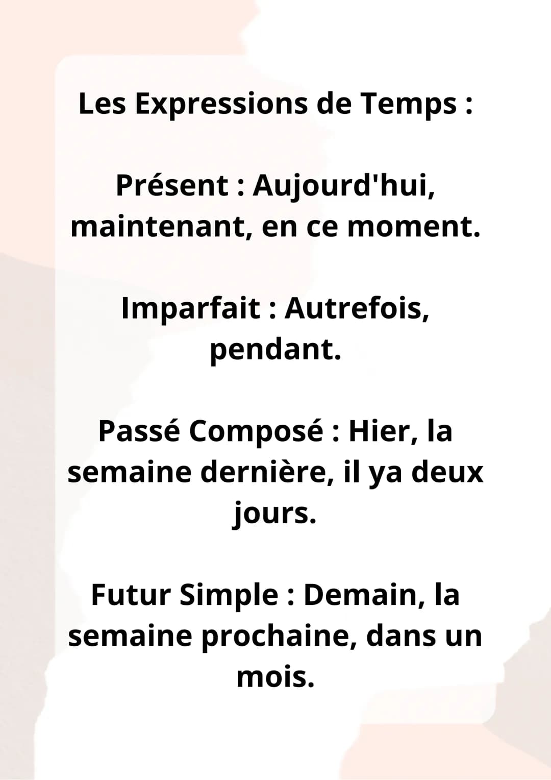 Les Valeurs
de Temps Les Valeurs des Temps
Verbaux :
Présent : Utilisé pour
parler d'actions
présentes, d'habitudes et
d'événements futurs
p