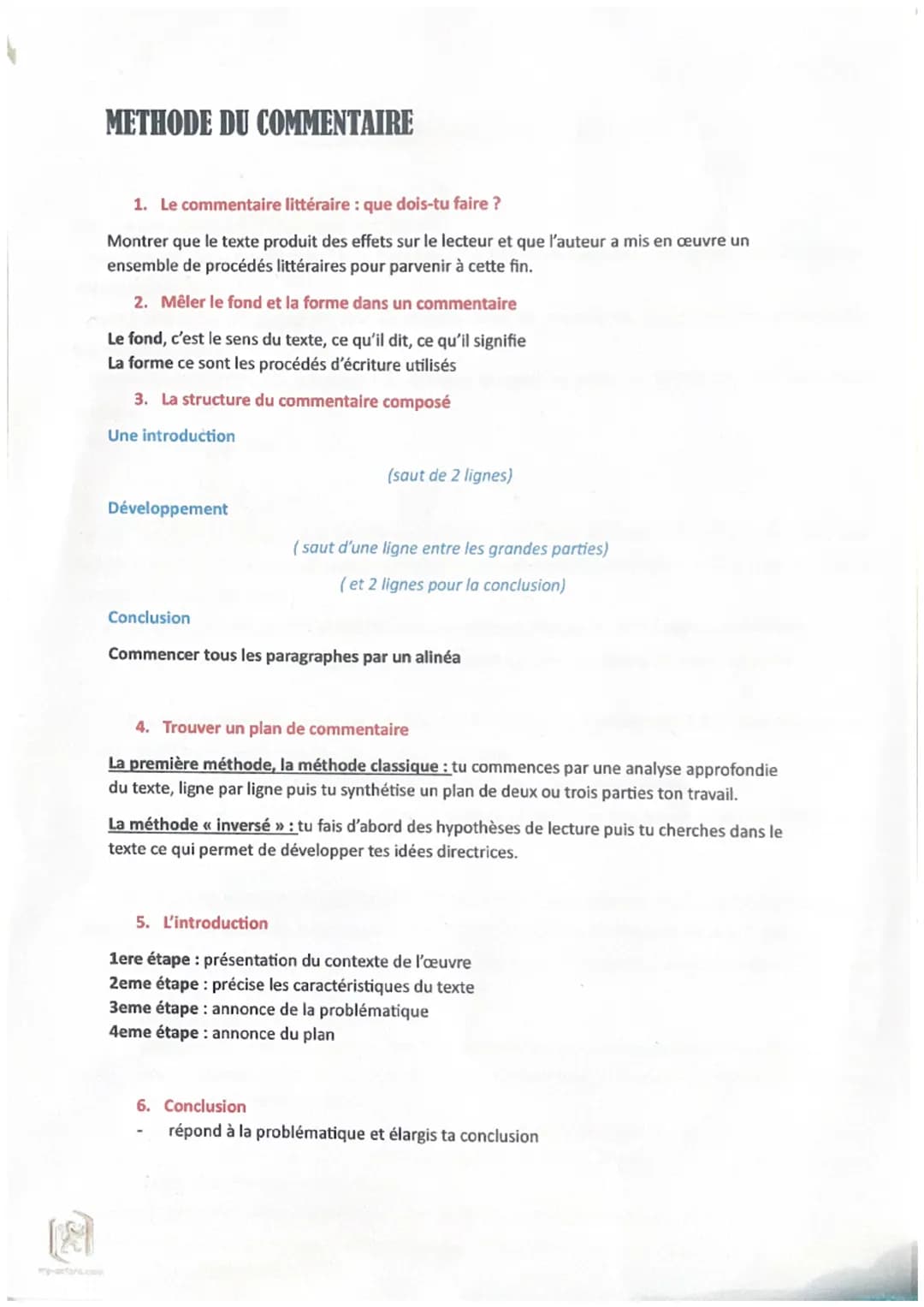 METHODE DU COMMENTAIRE
1. Le commentaire littéraire : que dois-tu faire ?
Montrer que le texte produit des effets sur le lecteur et que l'au