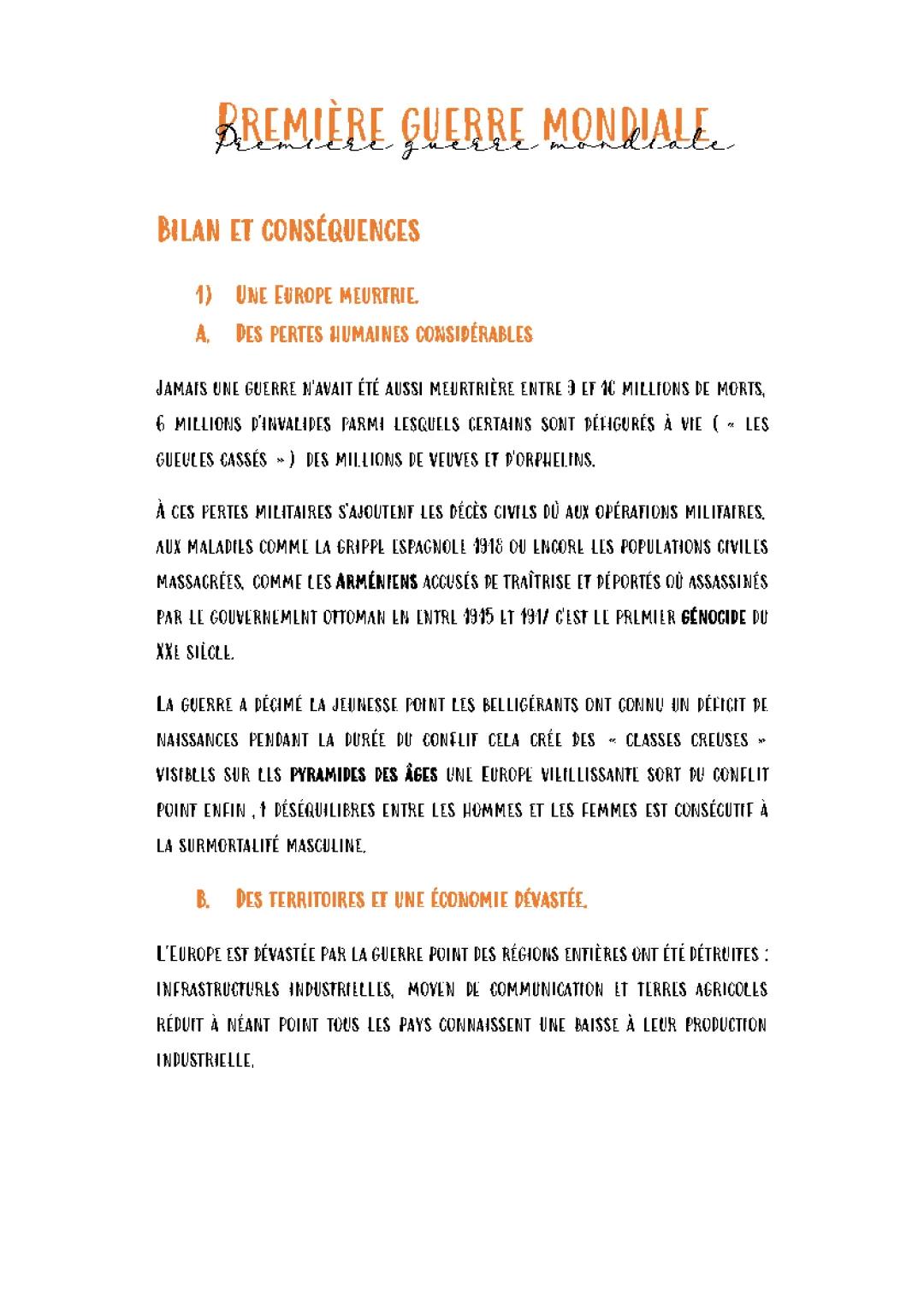 Bilan et conséquences de la Première guerre mondiale