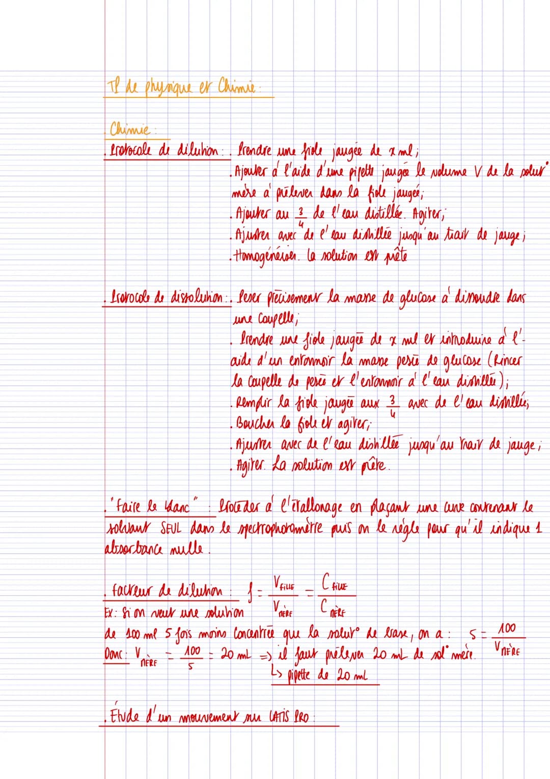 TP de physique et Chimie
Chimie.
Protocole de dilution frendre une fide jaugée de xml;
• Ajouter à l'aide d'une pifelte jau géé le volume V 