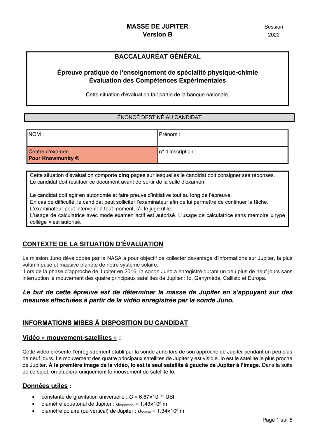 NOM :
Centre d'examen :
Pour Knowmunity Ⓒ
BACCALAURÉAT GÉNÉRAL
Épreuve pratique de l'enseignement de spécialité physique-chimie
Évaluation d