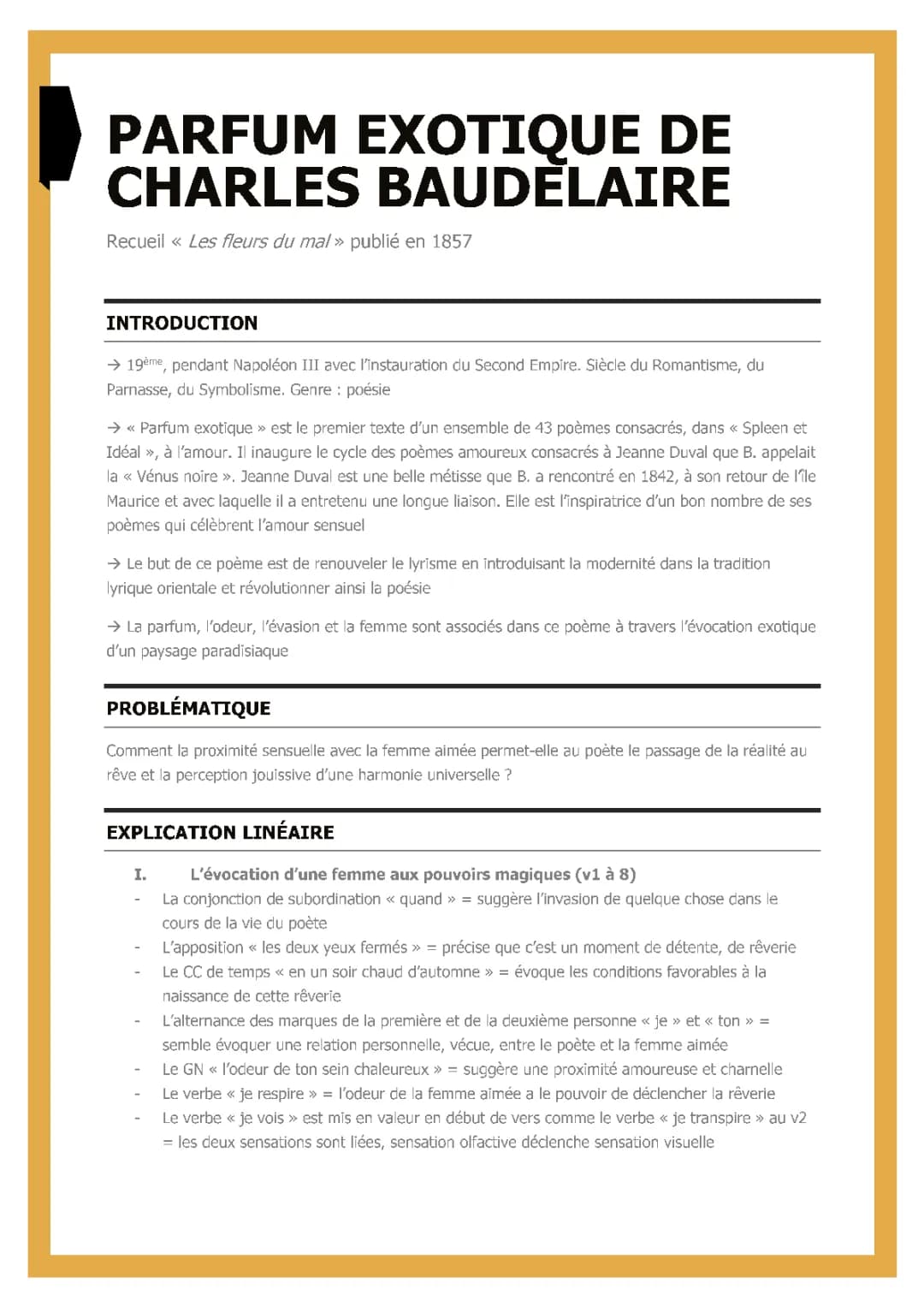 Parfum Exotique Analyse PDF - Fiche de Révision Les Fleurs du Mal