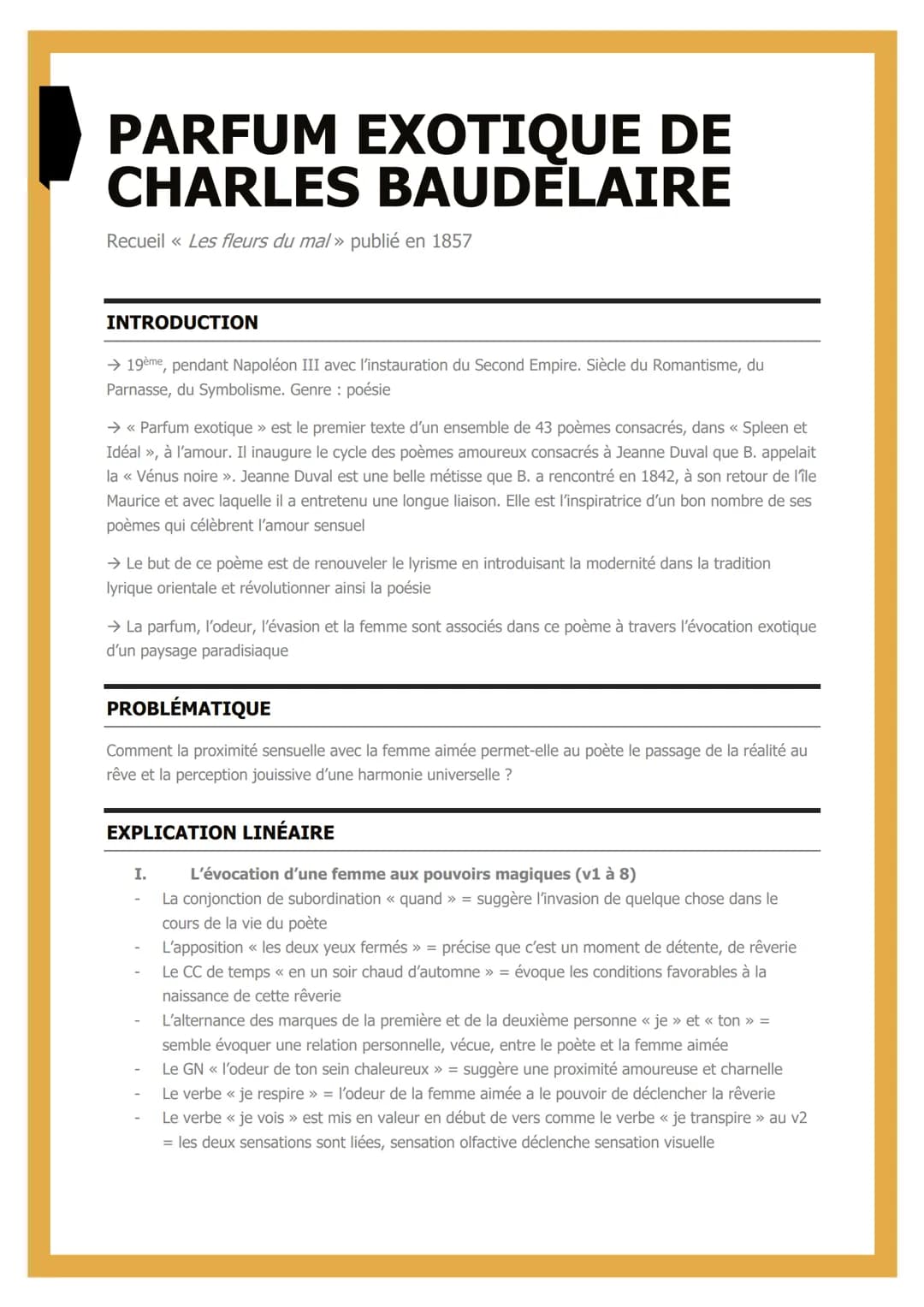 PARFUM EXOTIQUE DE
CHARLES BAUDELAIRE
Recueil << Les fleurs du mal » publié en 1857
INTRODUCTION
→ 19ème, pendant Napoléon III avec l'instau