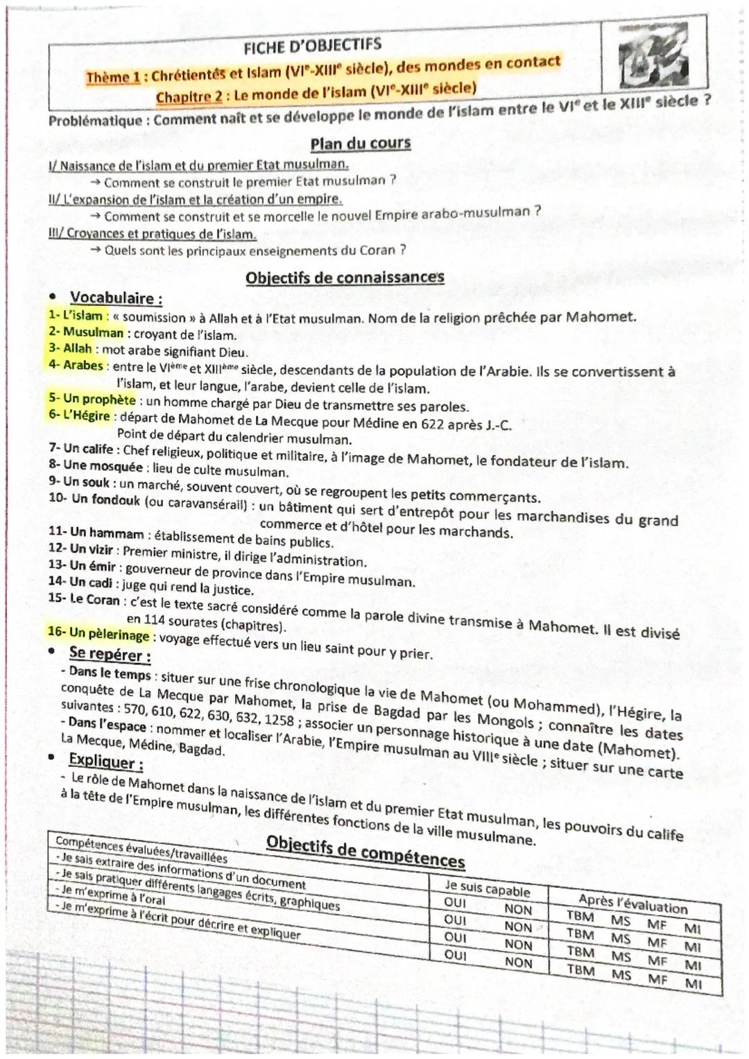 FICHE D'OBJECTIFS
Thème 1: Chrétientés et Islam (VI-XIII siècle), des mondes en contact
Chapitre 2 : Le monde de l'islam (VI-XIII° siècle)
P
