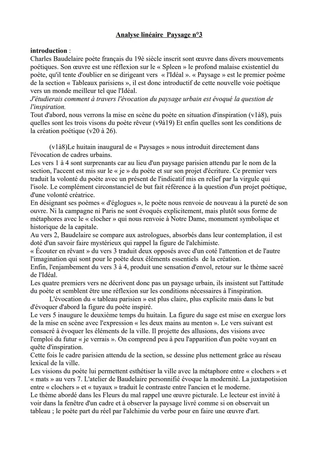 Analyse linéaire Paysage n°3
introduction :
Charles Baudelaire poète français du 19è siècle inscrit sont œuvre dans divers mouvements
poétiq