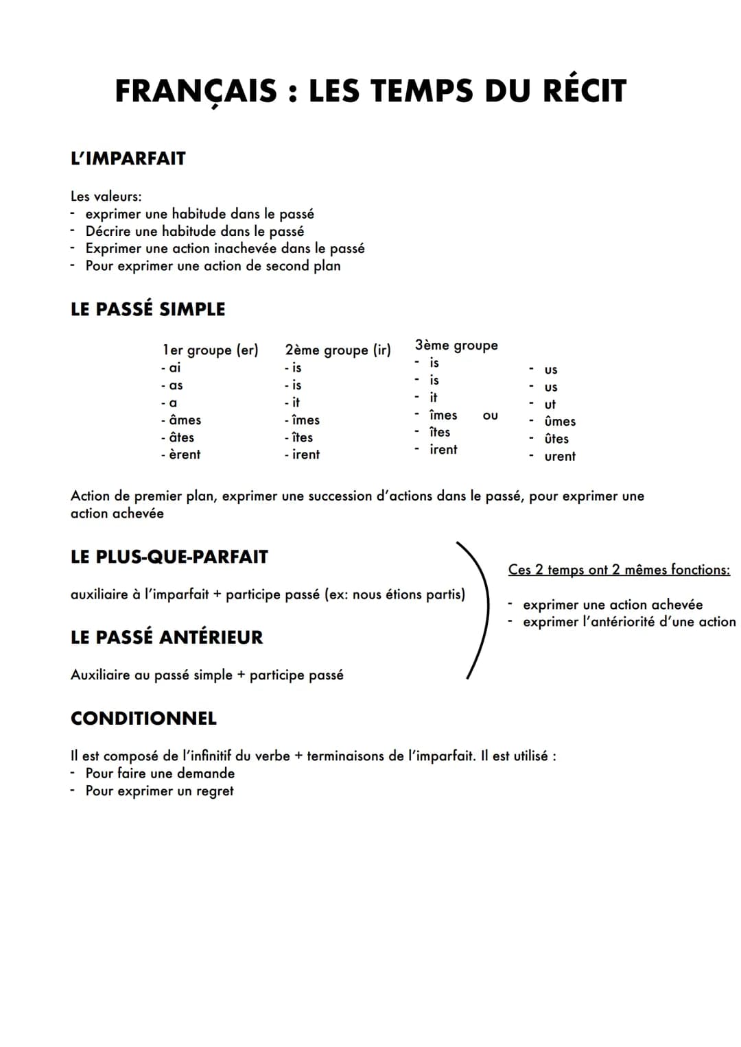 FRANÇAIS : LES TEMPS DU RÉCIT
L'IMPARFAIT
Les valeurs:
- exprimer une habitude dans le passé
- Décrire une habitude dans le passé
Exprimer u