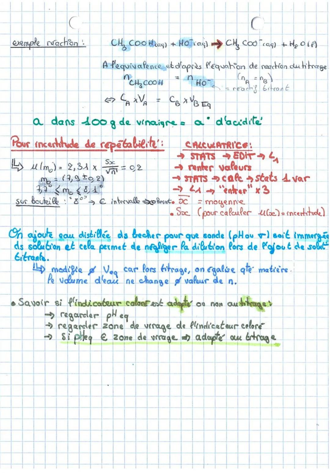 Titrage: technique de determination d'une qté de matière ou d'une concentration
inconnue qui met en jeu une réaction chimique.
Chapitre 4: A