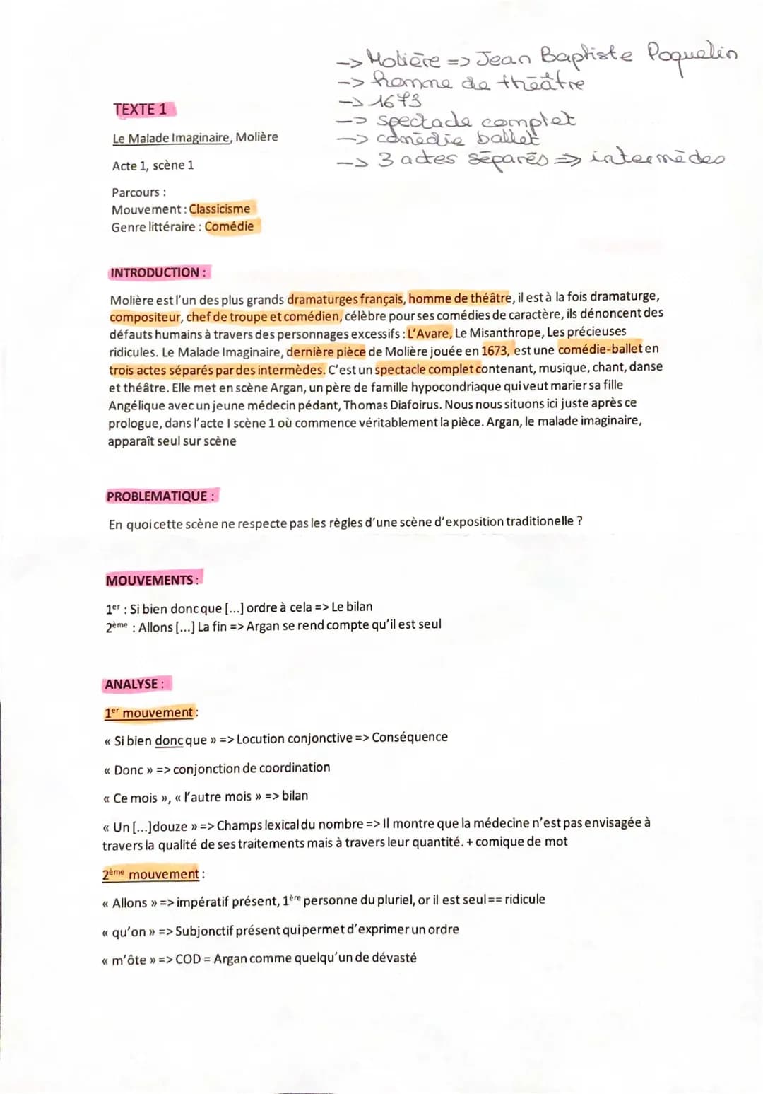 Analyse linéaire du Malade Imaginaire - Acte 1 scène 1 : Introduction et mouvements