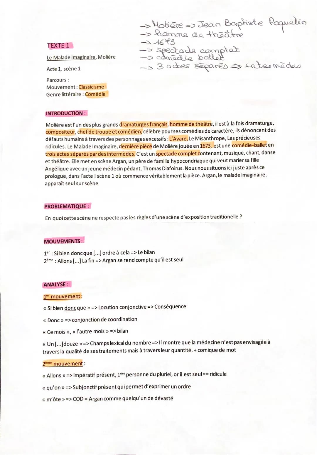 TEXTE 1
Le Malade Imaginaire, Molière
Acte 1, scène 1
Parcours :
Mouvement: Classicisme
Genre littéraire : Comédie
-> Molière => Jean Baptis