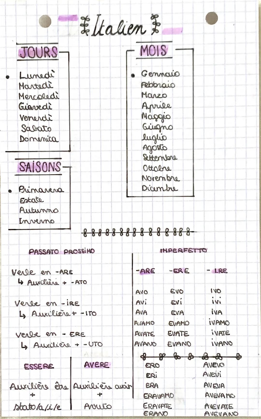 JOURS
Lunedì
Martedì
Mercoledì
Giovedì
Venerdì
Sabato
Domenica
SAISONS
Primavera
Estate
Autunno
Inverno
Italien &
MOIS
PASSATO PROSSIMO
Verl