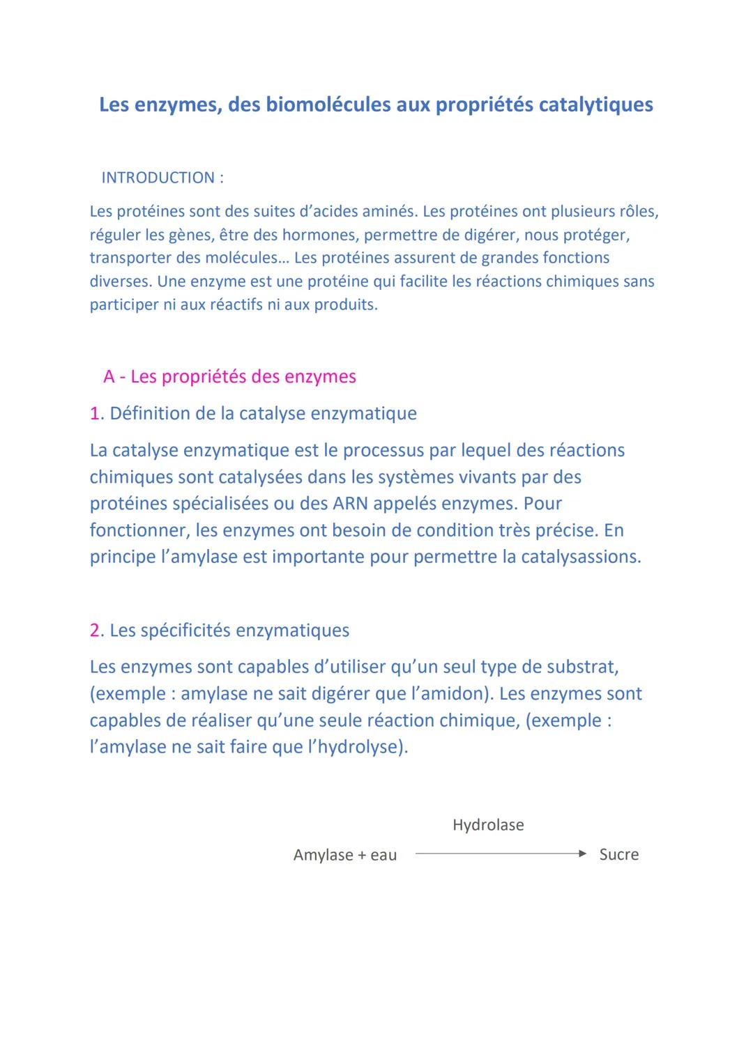 Les enzymes, des biomolécules aux propriétés catalytiques
INTRODUCTION :
Les protéines sont des suites d'acides aminés. Les protéines ont pl