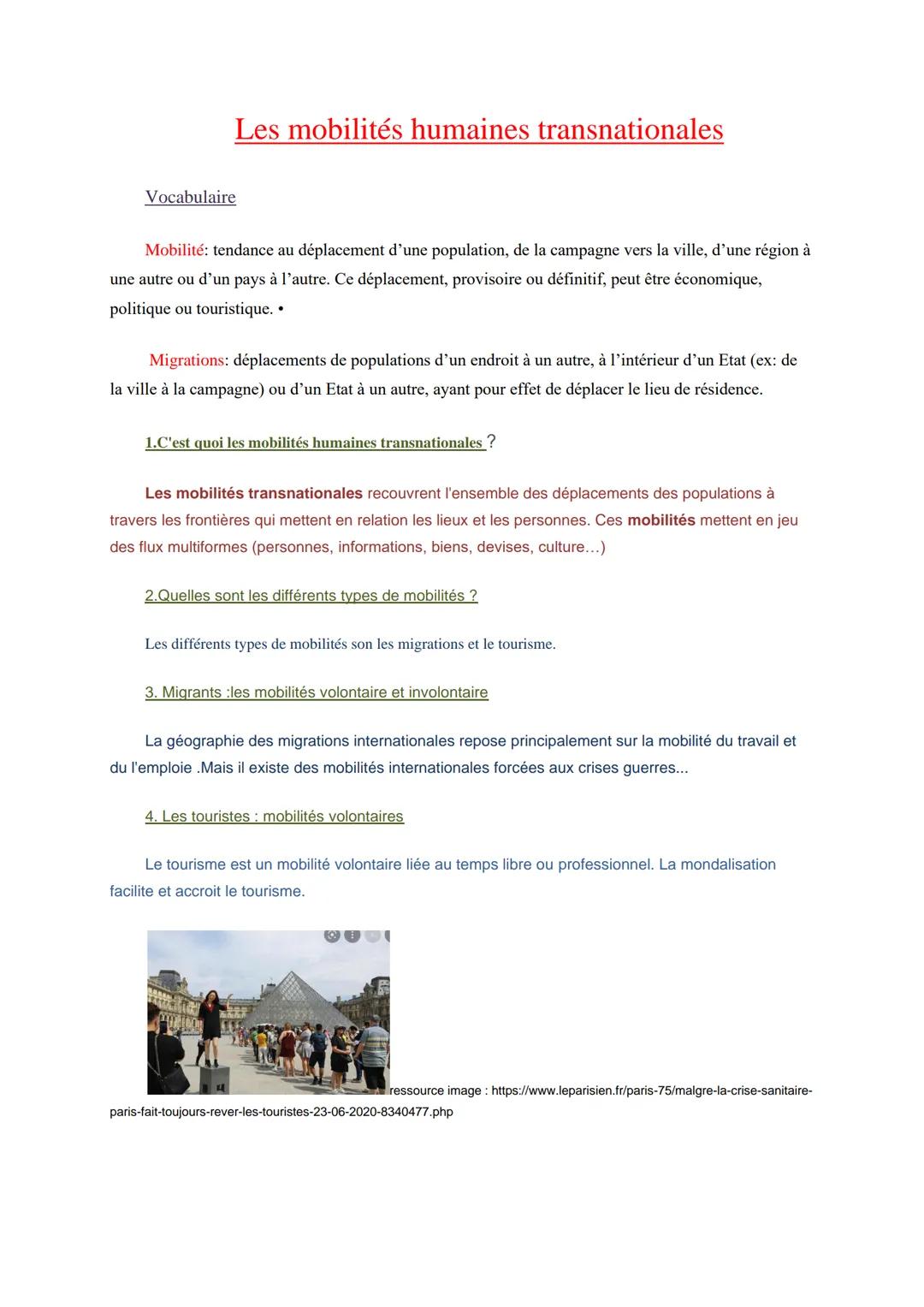 # Les mobilités humaines transnationales

Vocabulaire

Mobilité: tendance au déplacement d'une population, de la campagne vers la ville, d'u