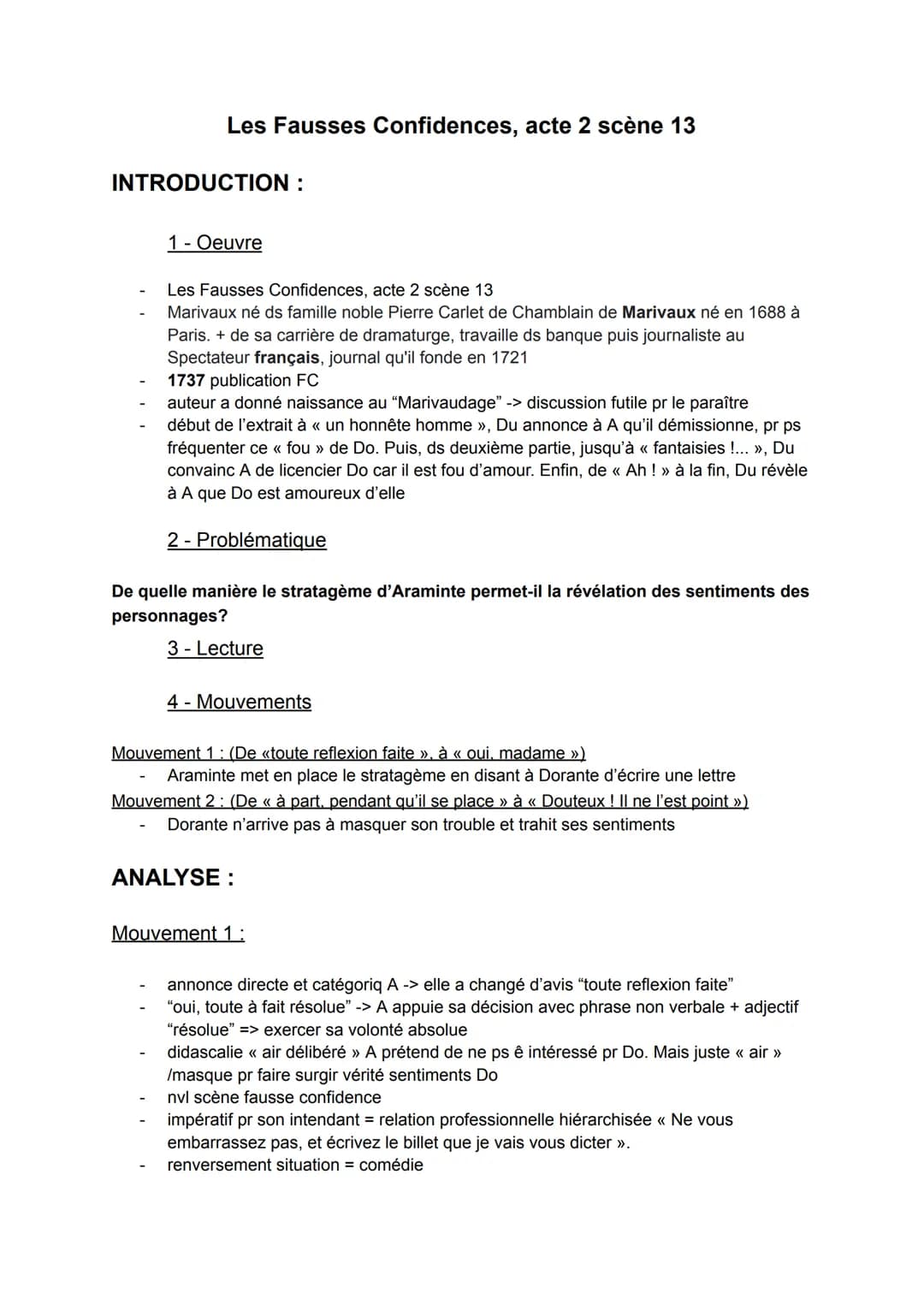 Les Fausses Confidences, acte 2 scène 13
INTRODUCTION :
1 - Oeuvre
Les Fausses Confidences, acte 2 scène 13
Marivaux né ds famille noble Pie