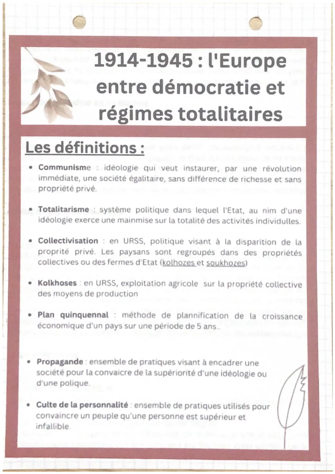 1914-1945: l'Europe
entre démocratie et
régimes totalitaires
Les définitions :
• Communisme idéologie qui veut instaurer, par une révolution