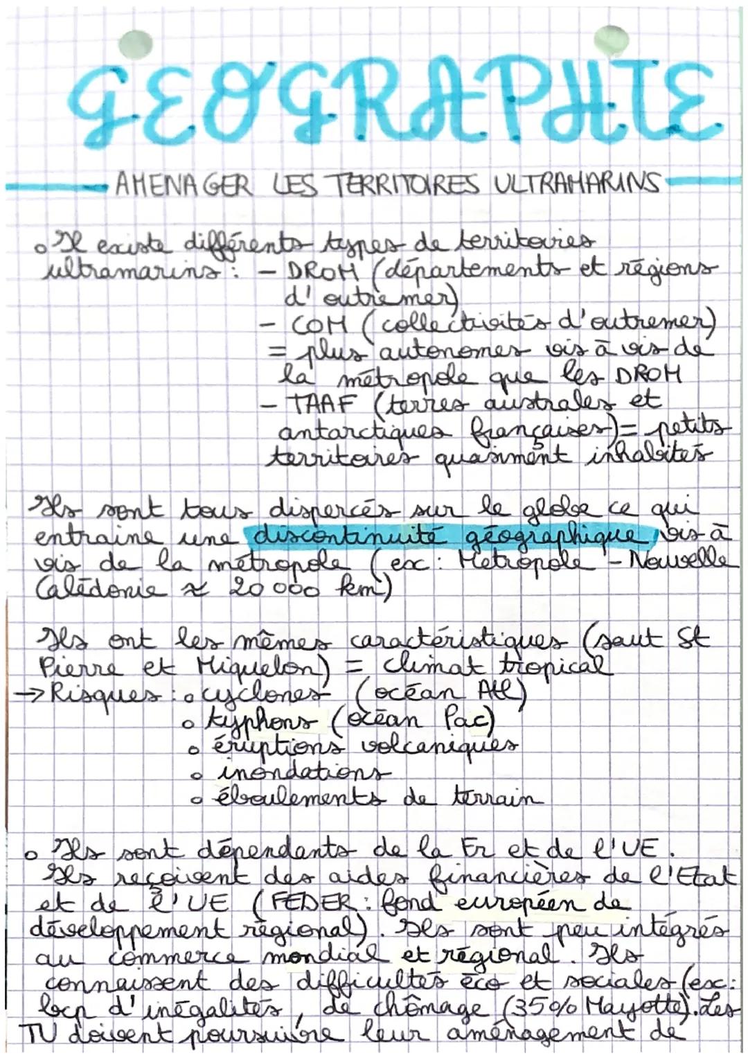 # GEOGRAPHIE

- AMENAGER LES TERRITOIRES ULTRAHARINS -

*   Il existe différents types de territoires ultramarins: - DROM (départements et r