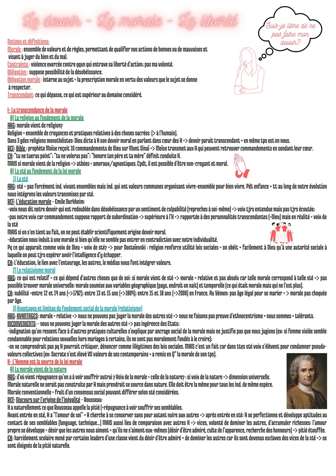 Le devoir - La morale - La liberté
Notions et définitions:
Morale ensemble de valeurs et de règles, permettant de qualifier nos actions de b