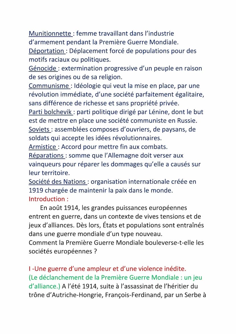 Histoire/Géo
Chapitre 1: Civils et militaires dans la
Première Guerre Mondiale (1914-1918):
Guerre Mondiale : conflit qui implique des États