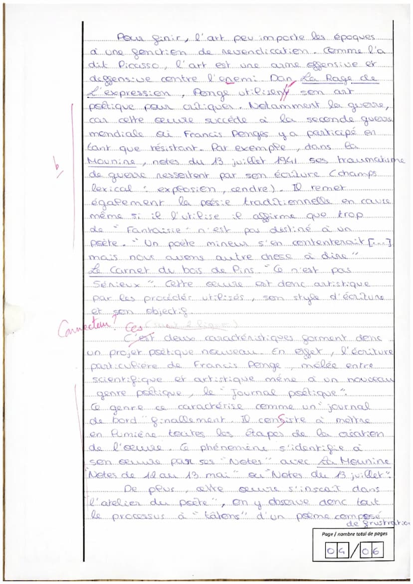 B. Œuvre Francis PONGE, LA RAGE DE L'EXPRESSION
Parcours DANS L'ATELIER DU POETE
quête obsessionnelle
du not juste.
Dans son œuvre La rage d